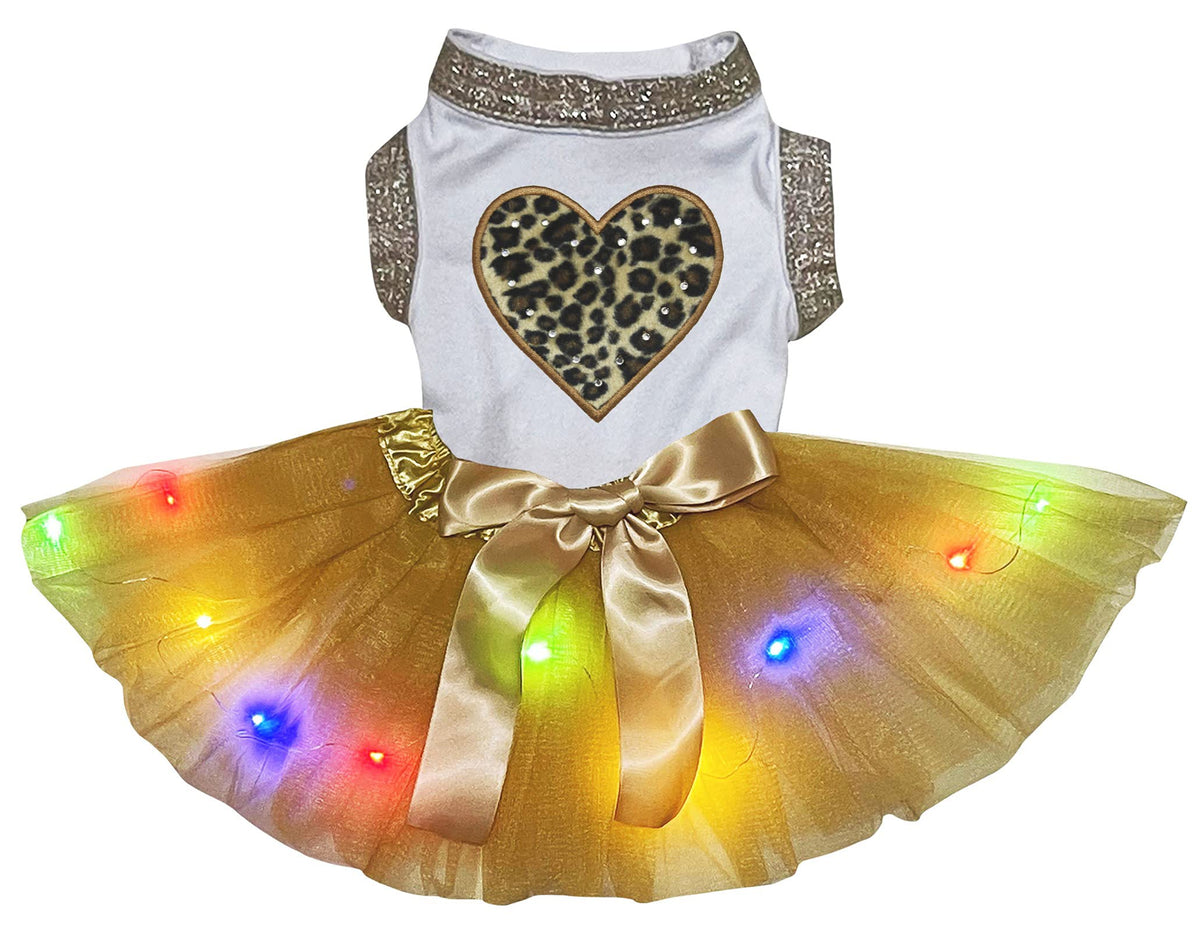 Petitebella Leopard Heart Puppy Dog Dress (White/Gold Led, X-Small)