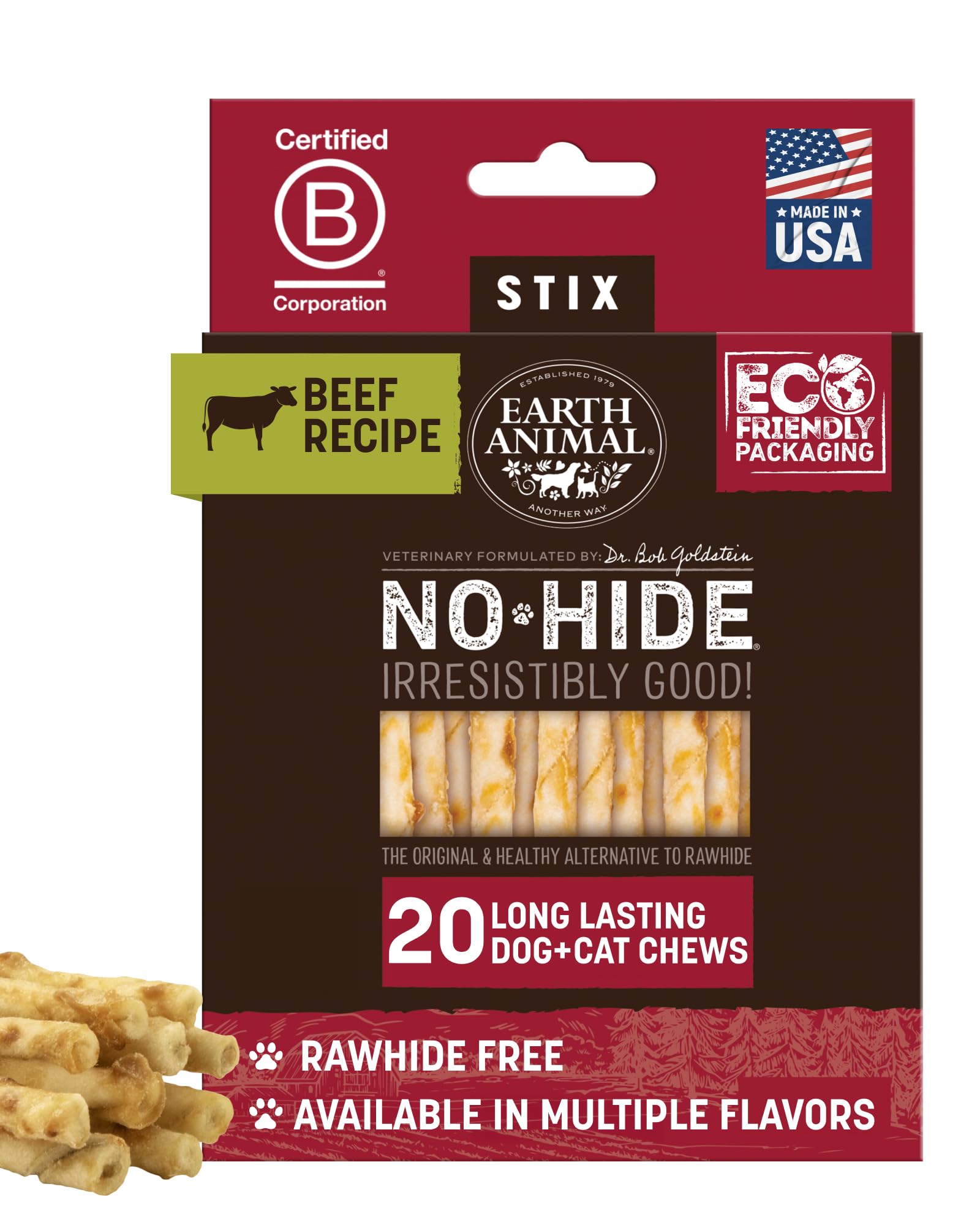 Earth Animal No Hide Stix - Long Lasting Rawhide Free Small Dog Chews Sticks, Beef - 20 Count Value Pack