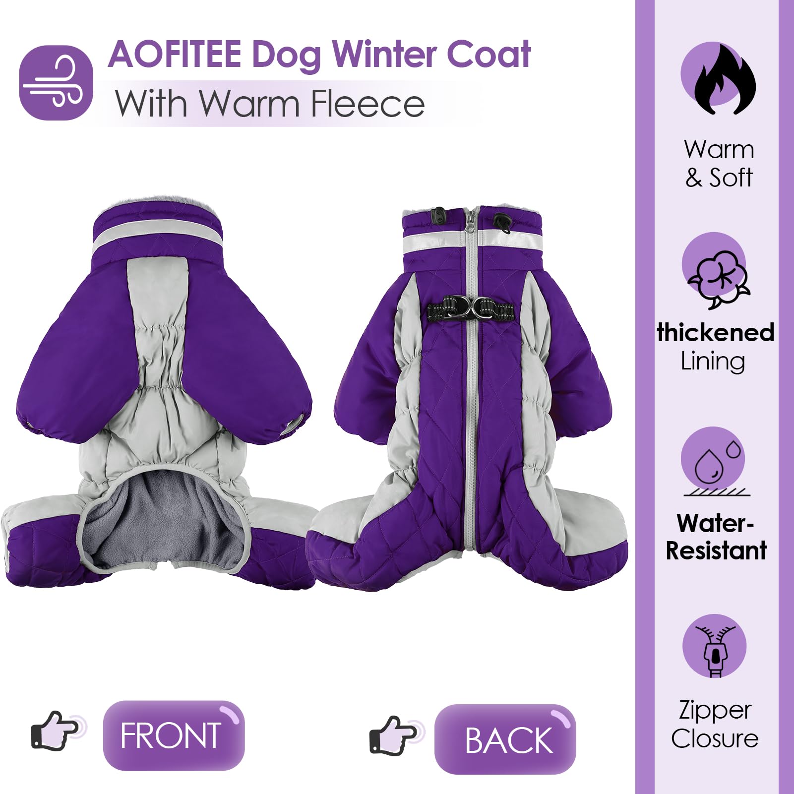 AOFITEE Dog Puffer Jacket - Windproof Dog Coat with Built-in Harness, Reflective Fleece Coat for Small to Large Dogs