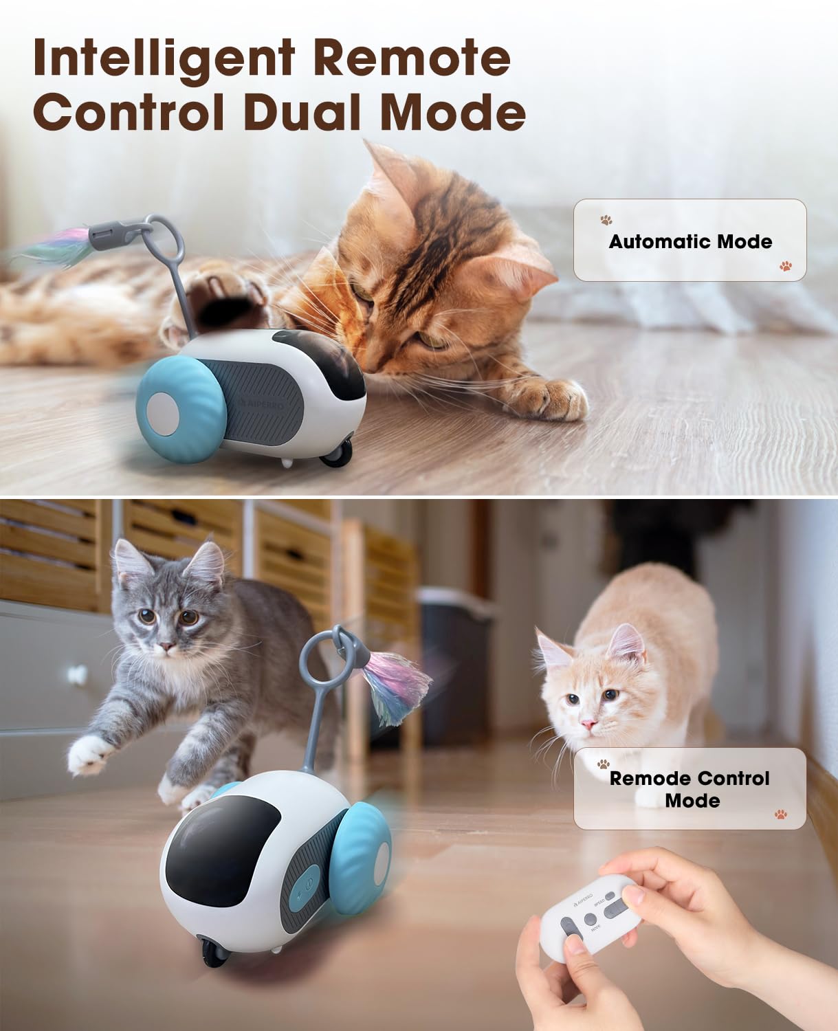 Aiperro Cat Toys For Indoor Cats, Smart Interactive Cat Toy With Two-Speed Adjustment, Remote Control Usb Rechargeable Automatic