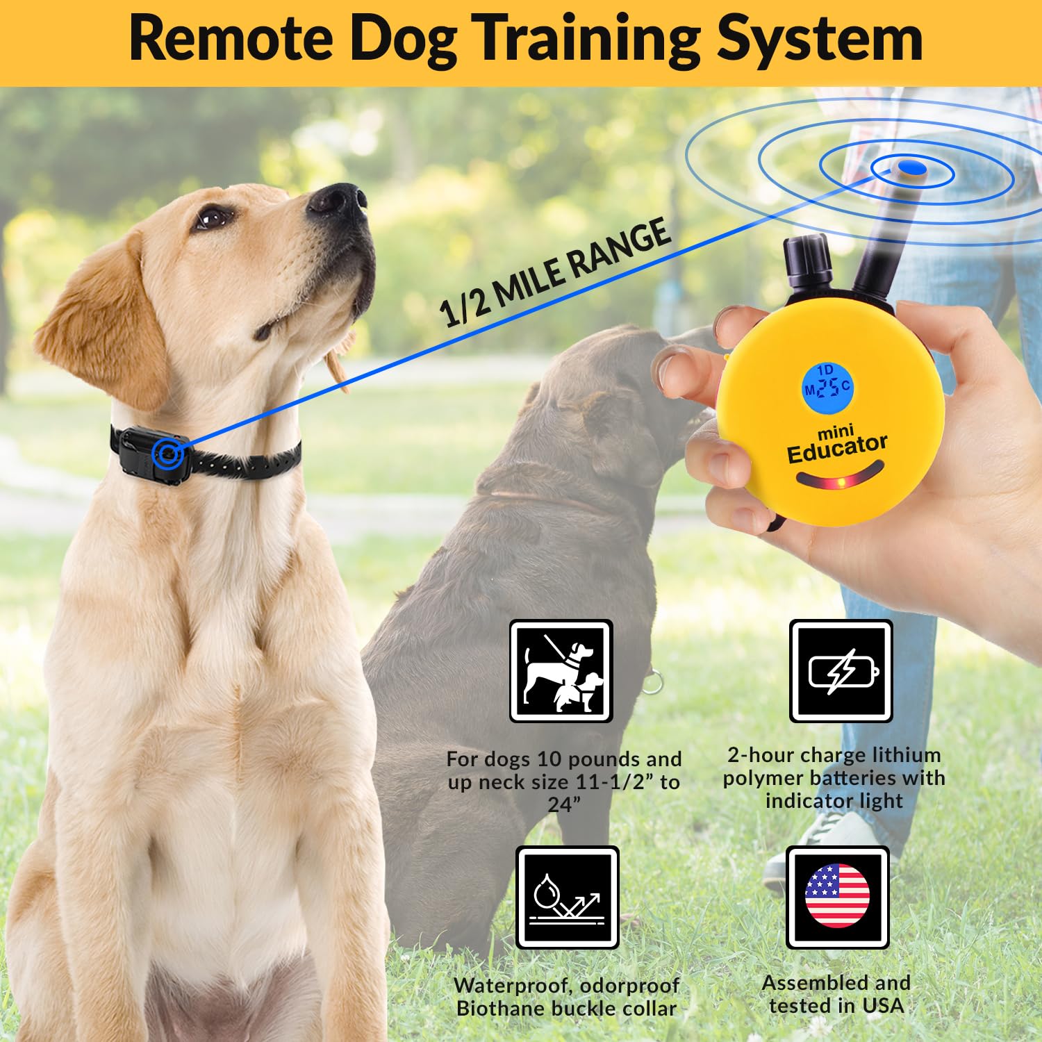 Educator E-Collar Humane Dog Training Collar With Remote, 100 Safe Tapping Stimulation Levels, Night Light, Waterproof, Rechargeable, 1/2 Mile 1 Small-Medium Dog, Yellow