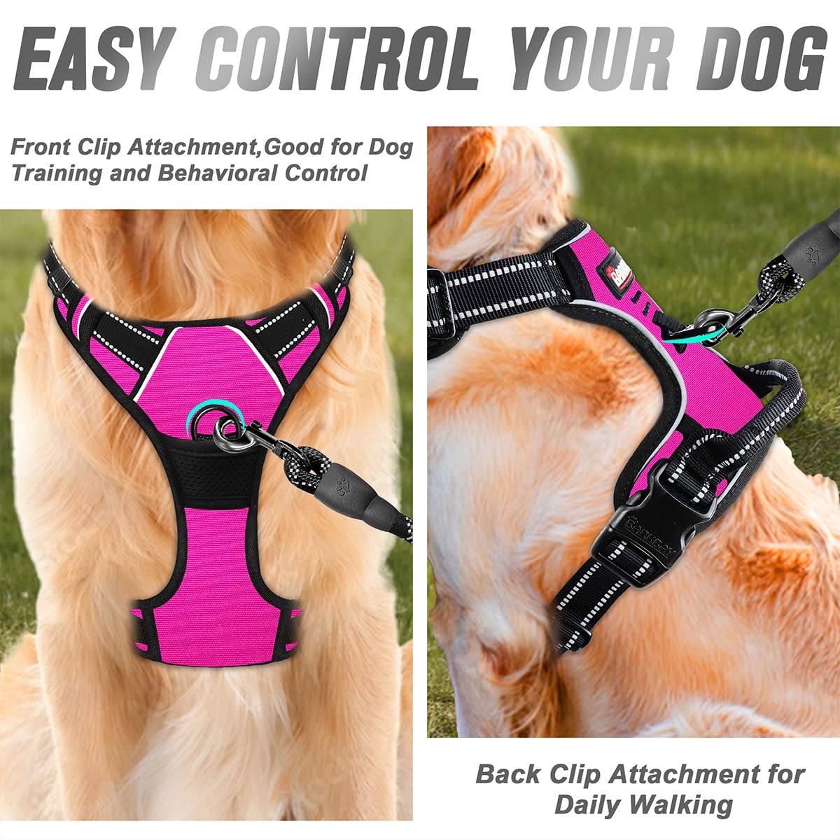 Barkbay No Pull Dog Harness Front Clip Heavy Duty Reflective Easy Control Handle For Large Dog Walking(Pink,M)