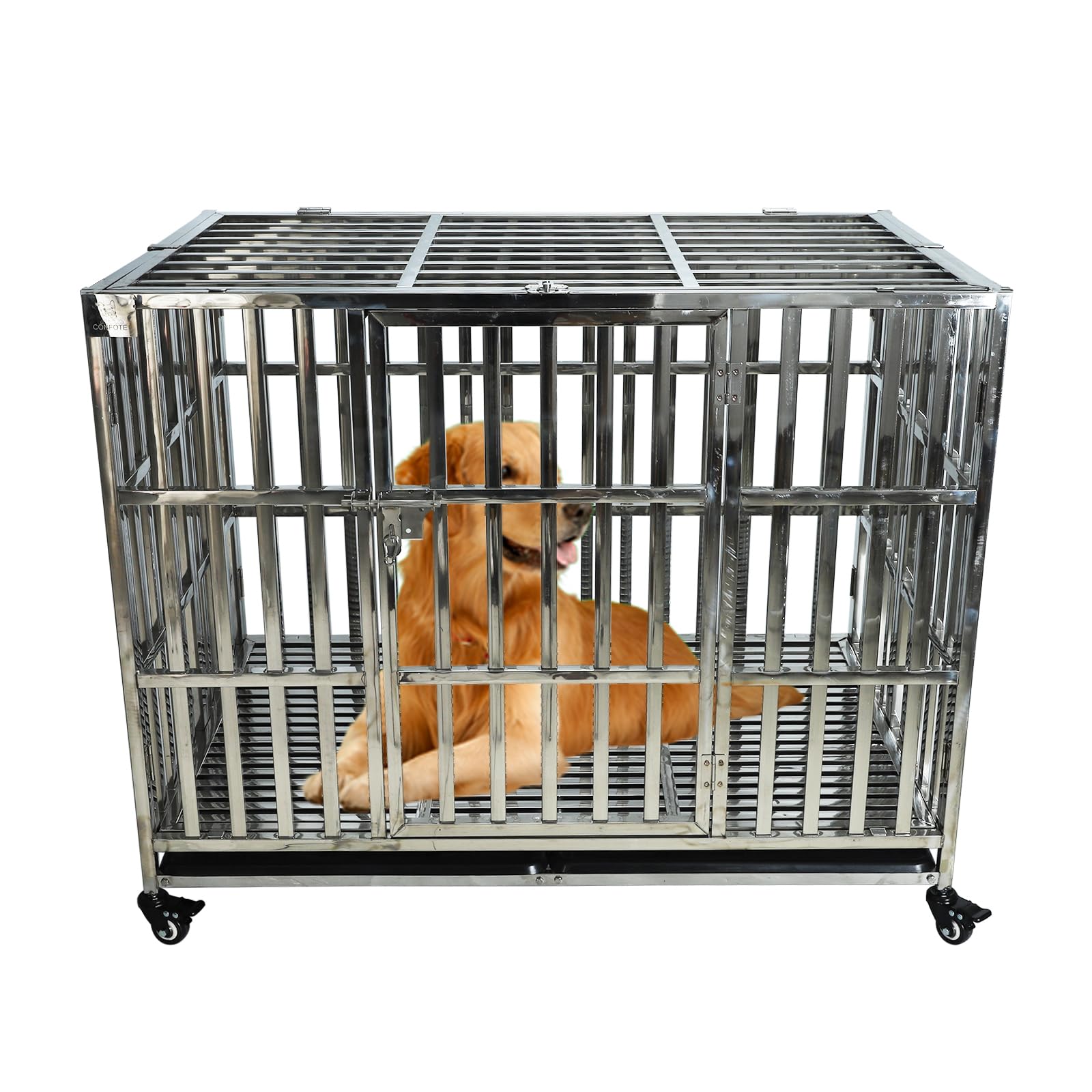 Confote 42 Inch Heavy Duty Stainless Steel Dog Cage High Anxiety Indestructible And Escape-Proof Dog Crate Kennel For Large Medi