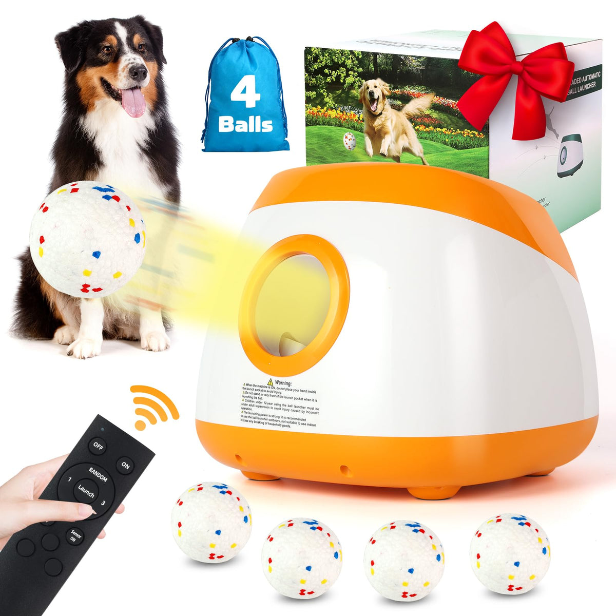 Automatic Ball Launcher For Dogs, Dog Ball Thrower With 40-60-80Ft Distance, Rechargeable Automatic Launcher With 4 Balls (2.5''