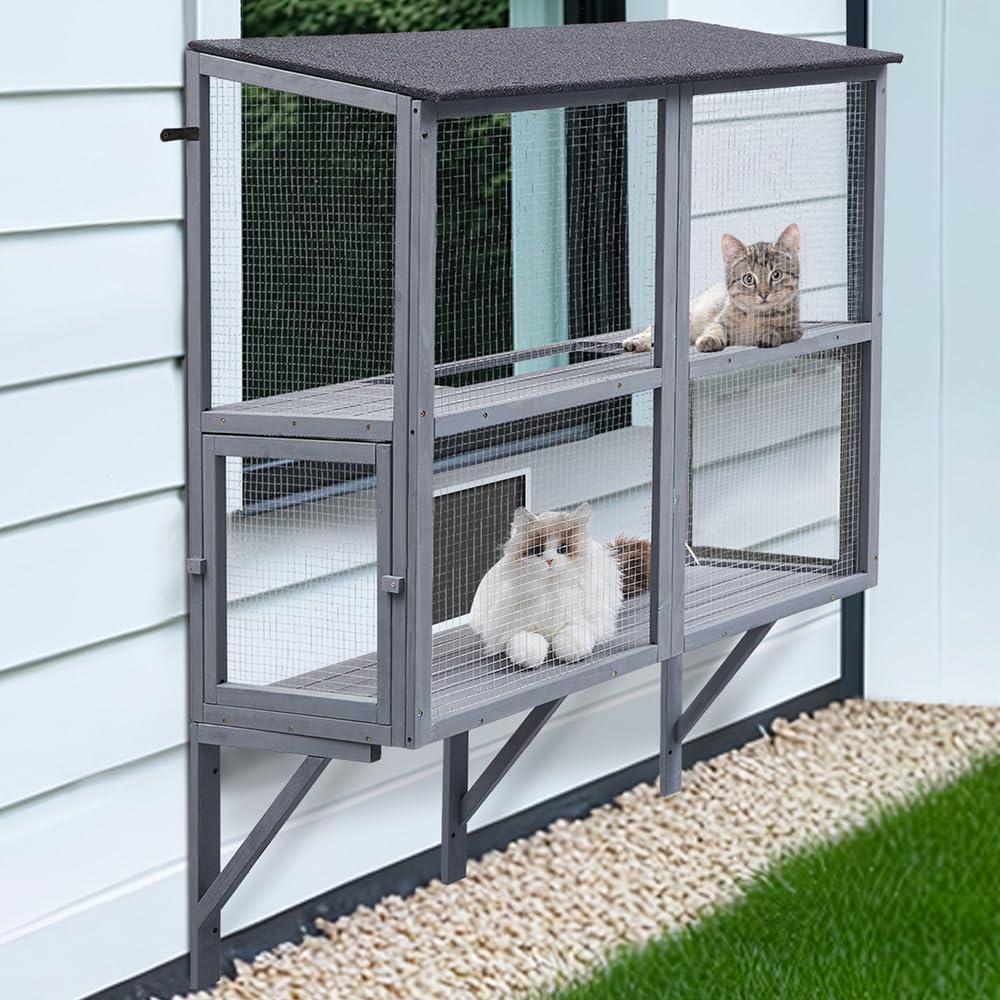 Beenbkks Cat Catio, Window Box Enclosure For Indoor Cats, Wooden Window Perch House, Expandable For Multi Kittens, Secure Comfor
