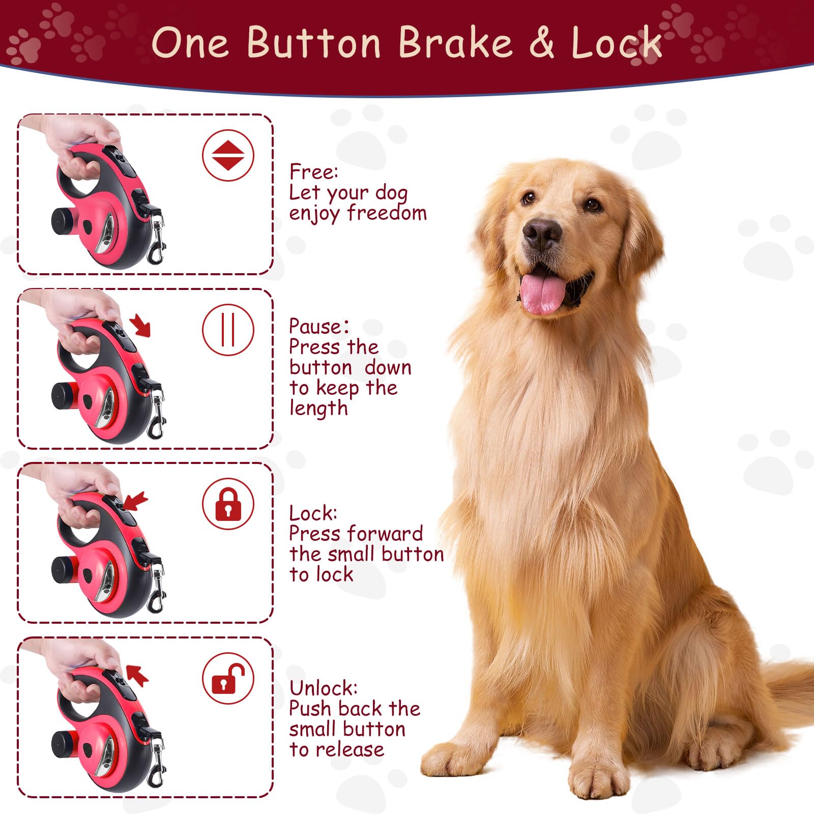 26Ft Retractable Dog Leash for Dog Up to 110lbs, Tangle Free Walking Leash, Heavy Duty Nylon Tape with Chew Proof Cable | LED Li