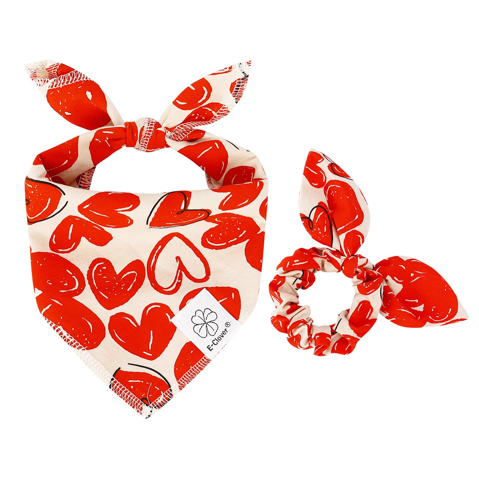 E-Clover Cute Bandana & Matching Scrunchie-Heart Dog Bandanas Red Pet Scarf Bib for Small Dogs Puppy Girl Boy Owner Mothers Day 
