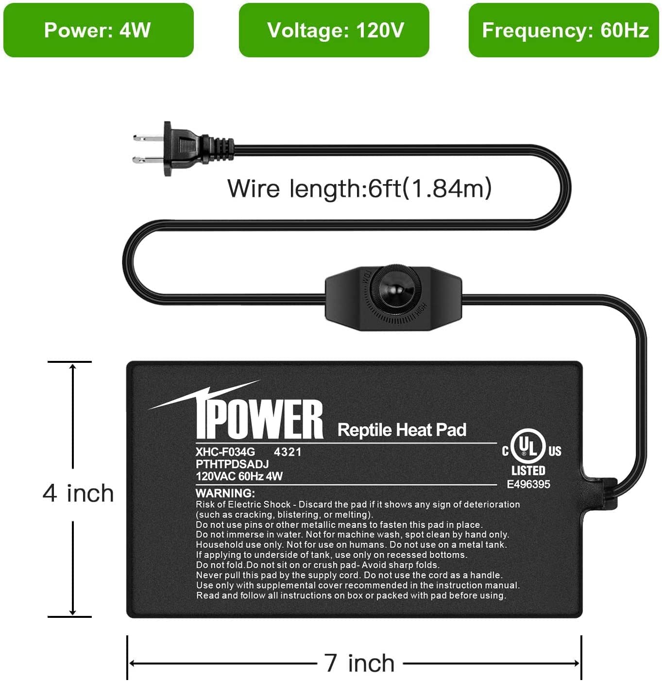 Ipower 4 By 7-Inch Reptile Heat Mat With Temperature Adjustable Controller Knob, Lcd Digital Aquarium Thermometer, Under Tank Wa