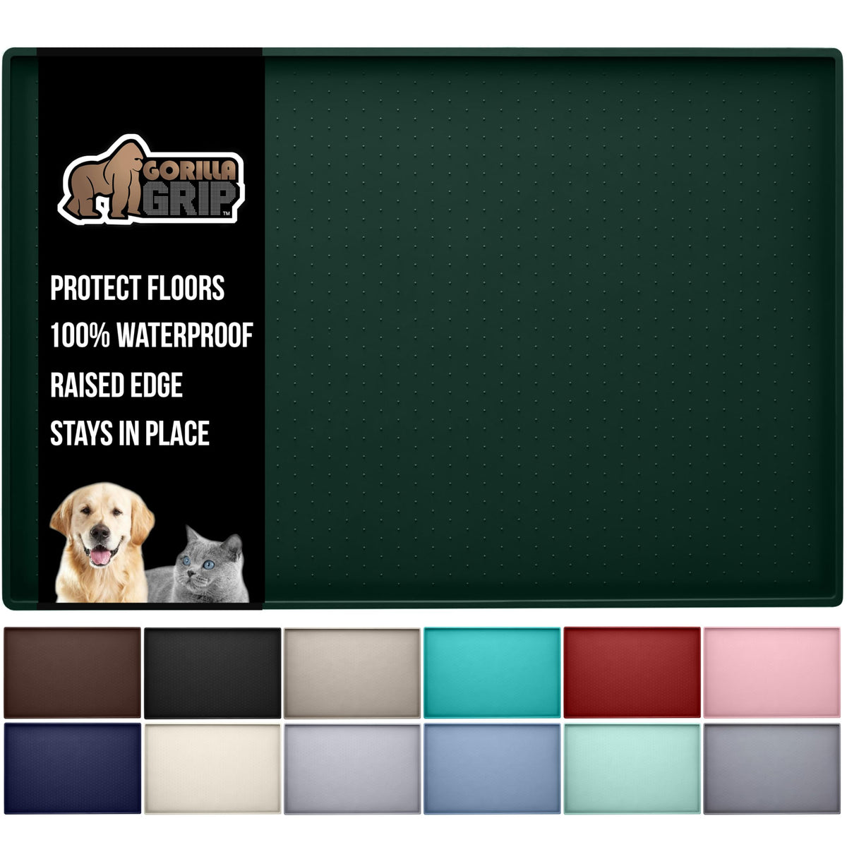 Gorilla Grip 100% Waterproof Raised Edge Bpa Free Silicone Pet Feeding Mat, Dog Cat Food Mats Contain Spills Protects Floors, Placemats For Cats And Dogs Water Bowl, Pets Accessories 23X15 Green