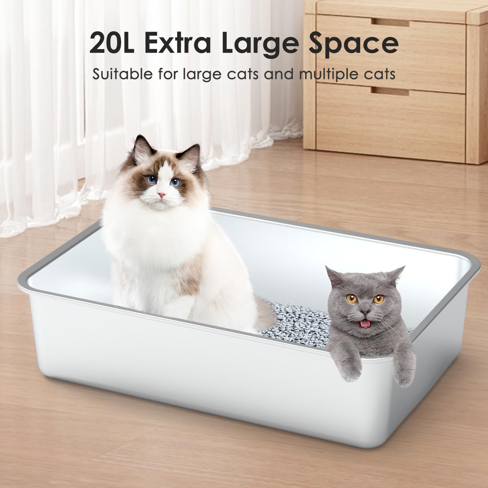 Suitchi Stainless Steel Cat Litter Box,Xl High Sided Cat Litter Box With Poop Scooper/Footboard/Mat (Light Gray)