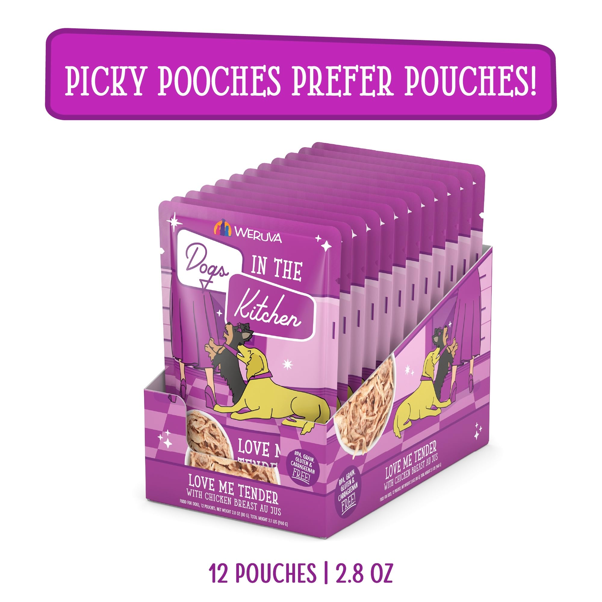 Weruva Dogs in The Kitchen, Love Me Tender with Chicken Breast Au Jus Dog Food, 2.8oz Pouch (Pack of 12), Purple