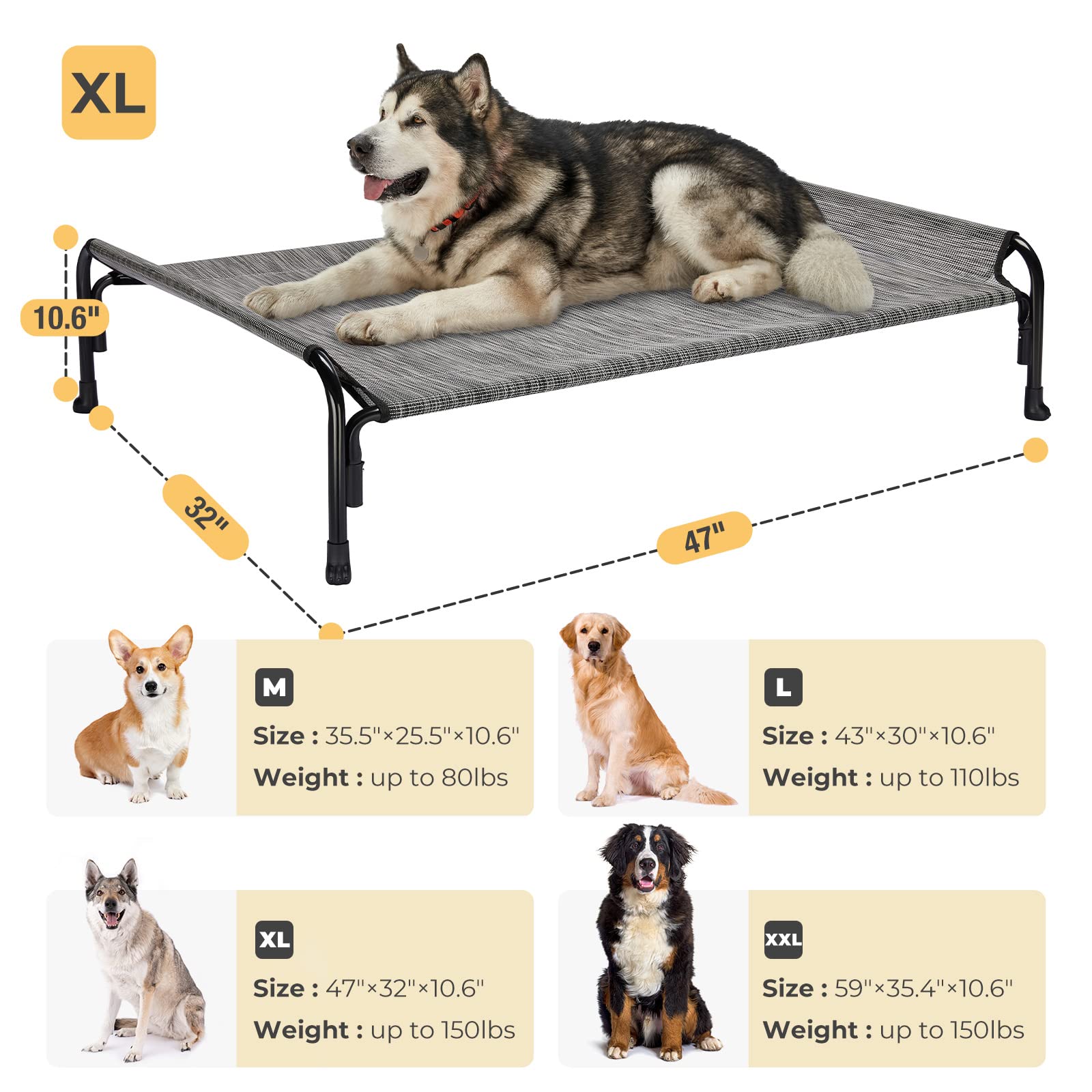 Veehoo Elevated Dog Bed, Outdoor Raised Dog Cots Bed For Large Dogs, Cooling Camping Elevated Pet Bed With Slope Headrest For Indoor And Outdoor, Washable Breathable, X-Large, Black Silver, Cwc2204
