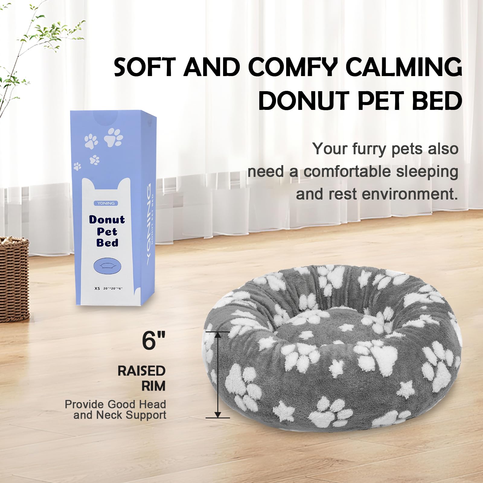 Yaning Donut Dog Beds For Small Dogs, Calming Round Cat Beds For Indoor Cats, Cute 3D Textured Paw Pet Bed With Removable Washab