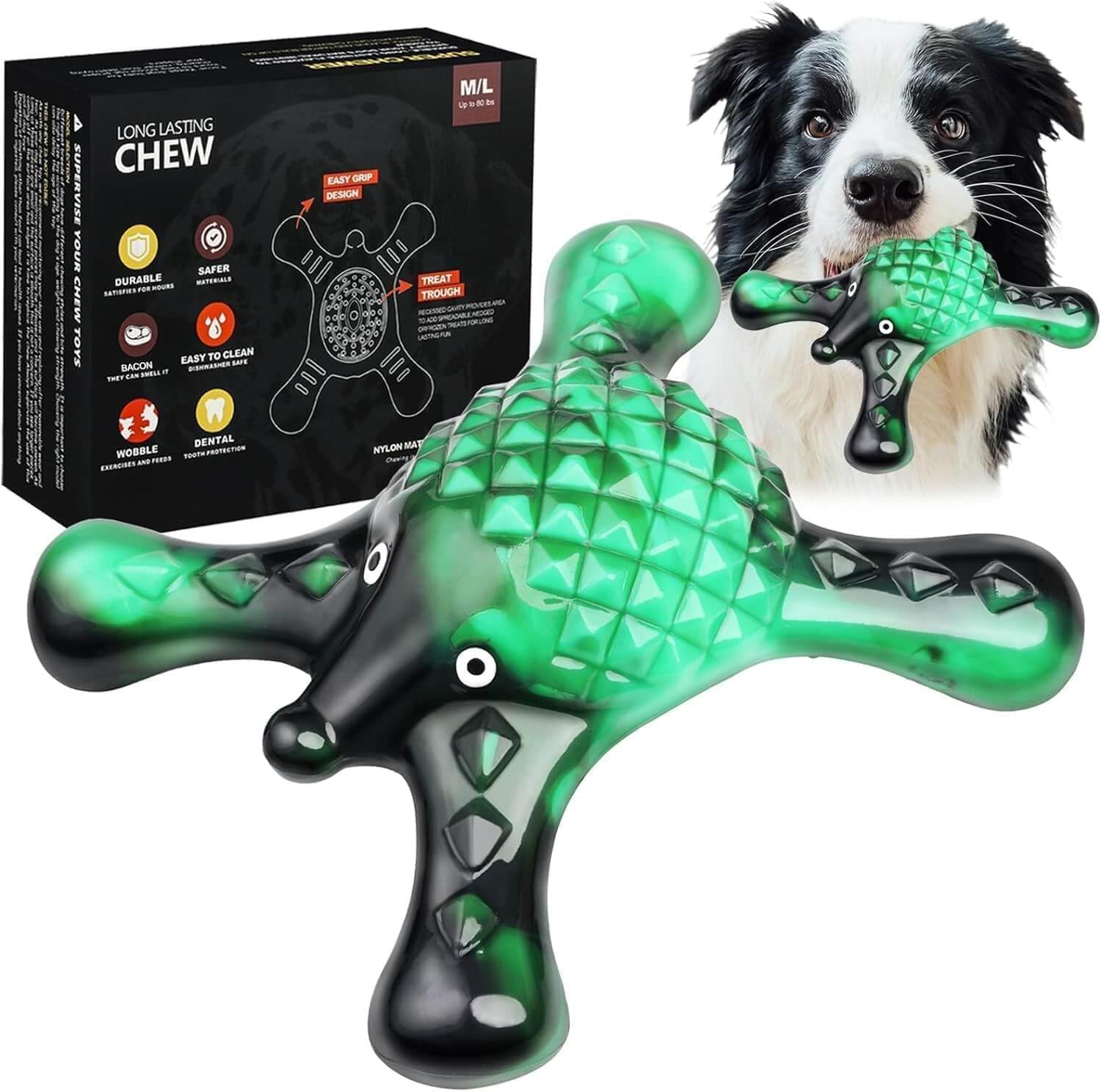 Quizvi Tough Dog Chew Toy For Aggressive Chewers - Durable Bacon Flavored Nylon Bone For Large Dogs, Fillable Dental Toy For Tee