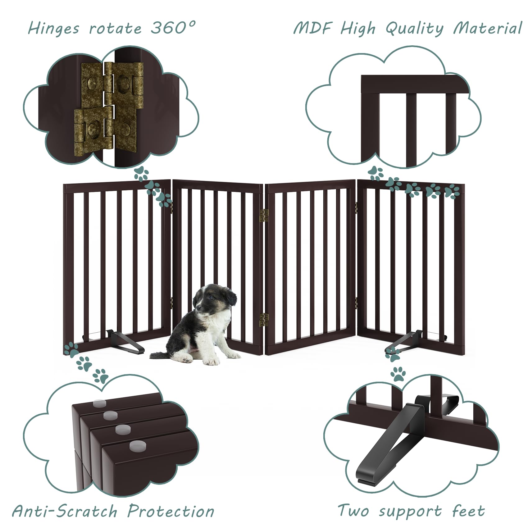 Wooden Dog Gate Freestanding Foldable 4 Panel Pet Gates Extra Wide Dog Gates for Indoor Doorways Stairs 24in Height Support Feet