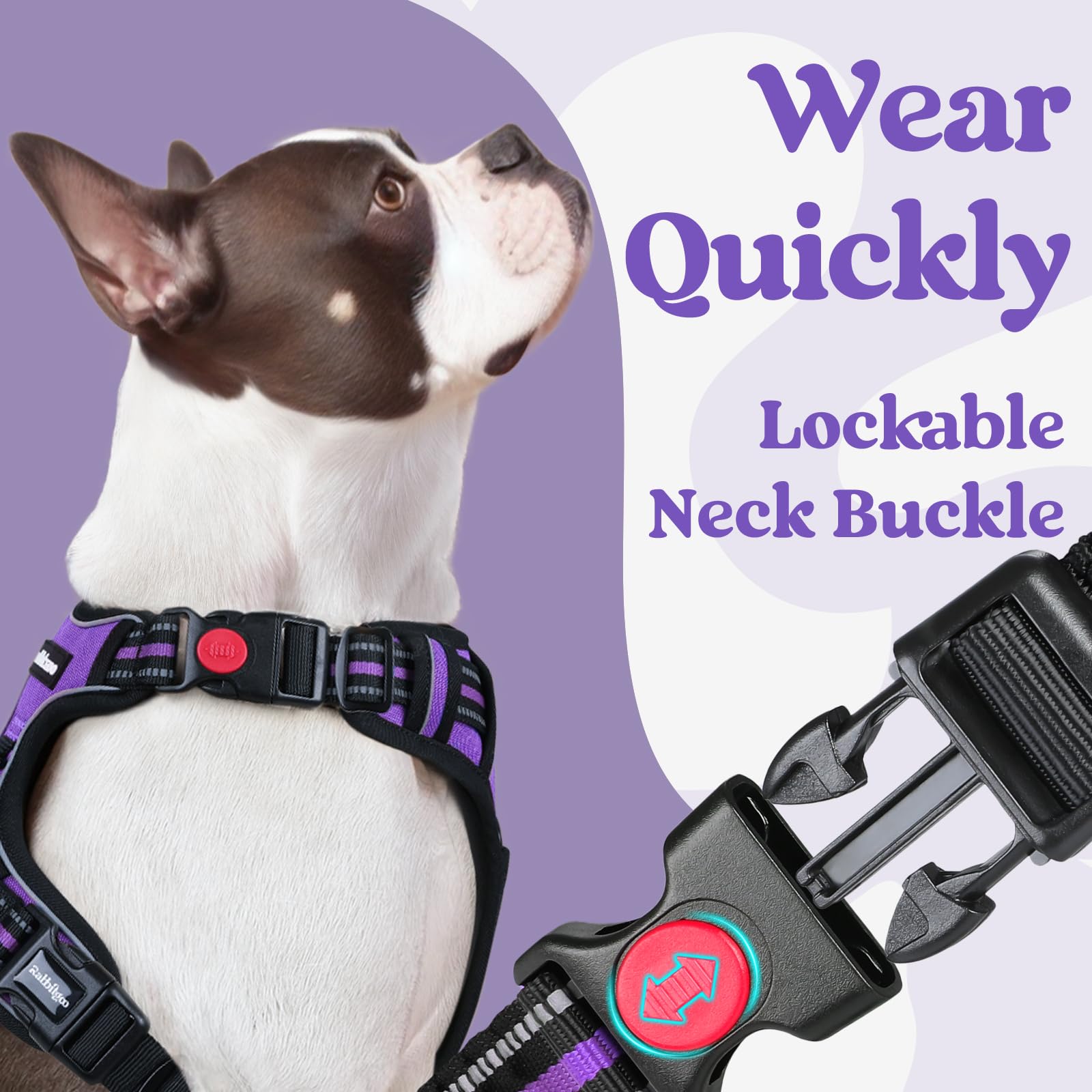 Rabbitgoo Dog Harness Medium Sized, No Pull Pet Harness With 3 Buckles, Adjustable Soft Padded Pooch Vest With Instant Control Handle, Easy Walking Reflective Pet Vest For Medium Dogs, Purple, M