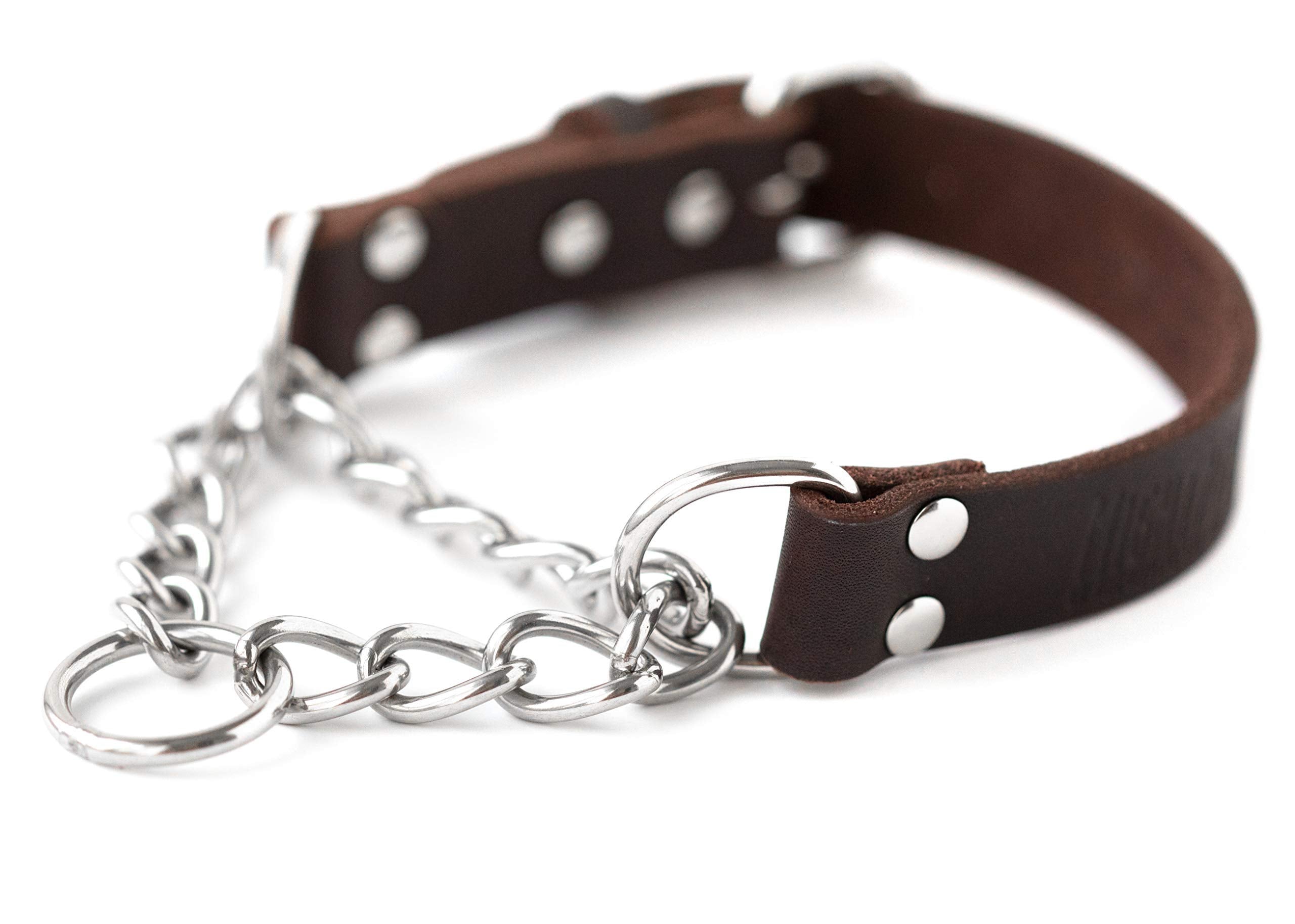 Mighty Paw Martingale Dog Collar - No Pull Design - Stainless Steel Chain - Limited Chain Cinch Training - Brown Leather Martingale Training Collar - Medium Size