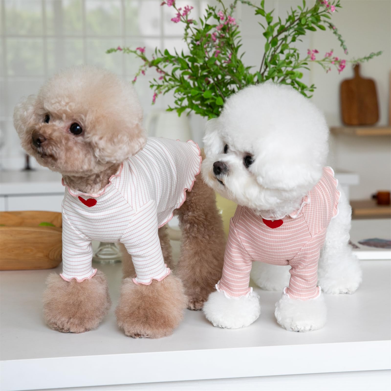 Yaopelky Dog Shirt For Small Medium Dogs Striped T-Shirt With Heart Embroidery Stretchable Ruffle Dog Clothes For Chihuahua Schn