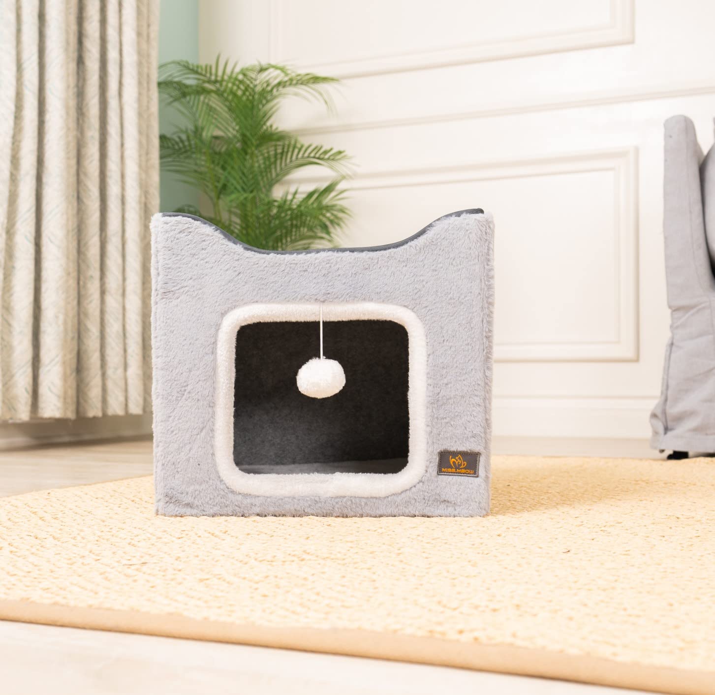 Miss Meow Cat Bed For Indoor Cats,Medium Large Cats Cave Bed,Machine Washable Slip Resistant Bottom,Ultra Soft Plush Cushion (Gray Fleece House)