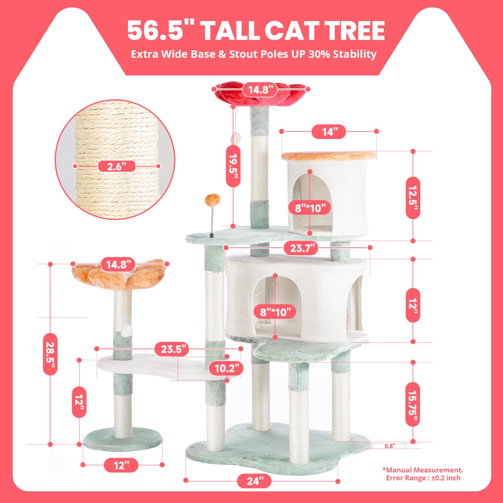 HYABI Cat Tree - 56.3in Multi-Level Flower Design, Foldable Beige Tower with Scratching Posts & Plush Condo for Large Cats - Model YS-22019