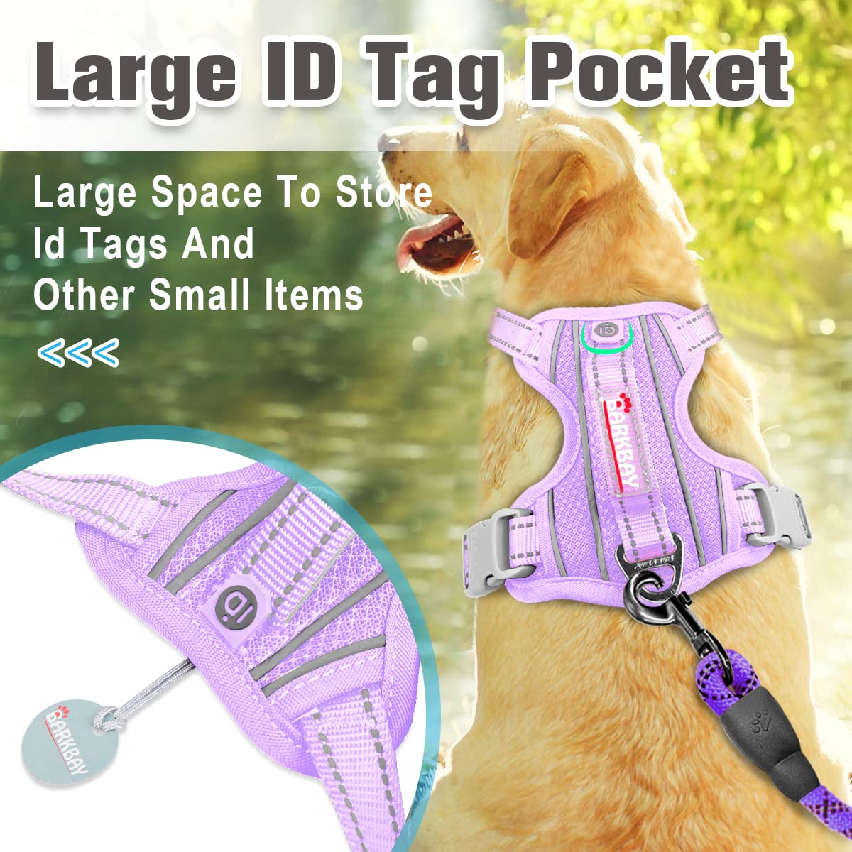 BARKBAY No Pull Dog Harness Front Clip Heavy Duty Reflective Easy Control Handle for Large Dog Walking with ID tag Pocket(Violet