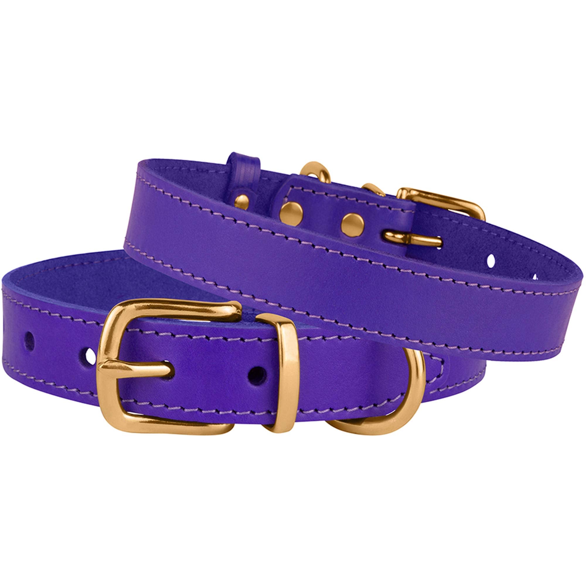 Bronzedog Leather Dog Collar With Metal Buckle Durable Basic Pet Collars For Small Medium Large Dogs (14-17 Inch (Pack Of 1), Purple & Gold Buckle)
