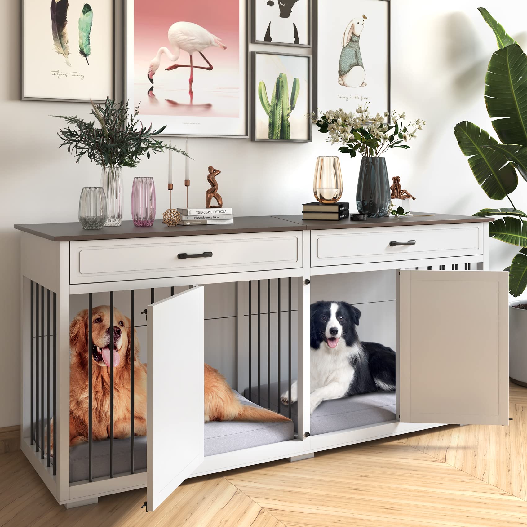 Dog Crate Furniture Indoor - Farmhouse Wooden Dog Kennel with Room Divider and 2 Drawer, Double Doors with Locks, 72   x23   x34