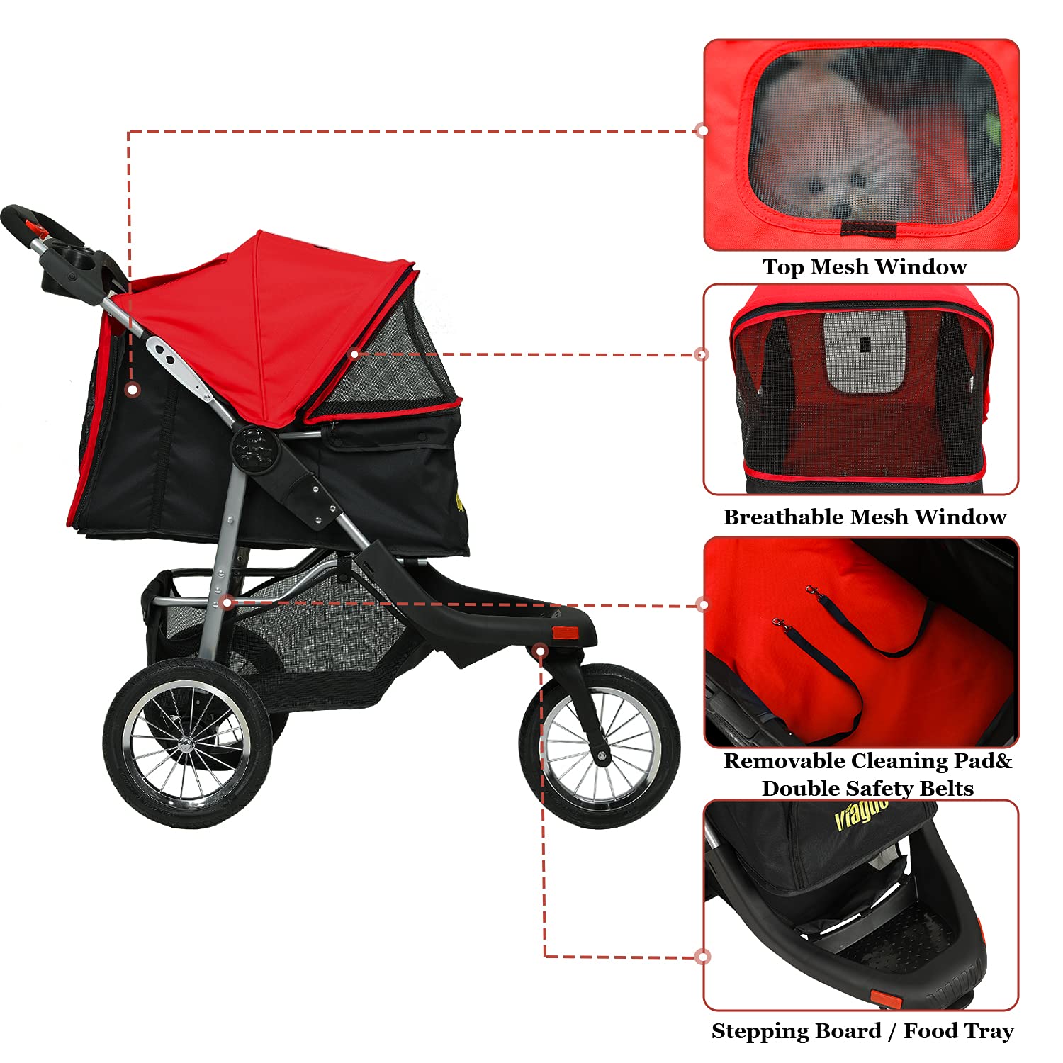 Viagdo Premium Heavy Duty Dog Stroller For Small Medium Dogs & Cats, 3-Wheel Pet Stroller, Foldable Cat Stroller With Suspension