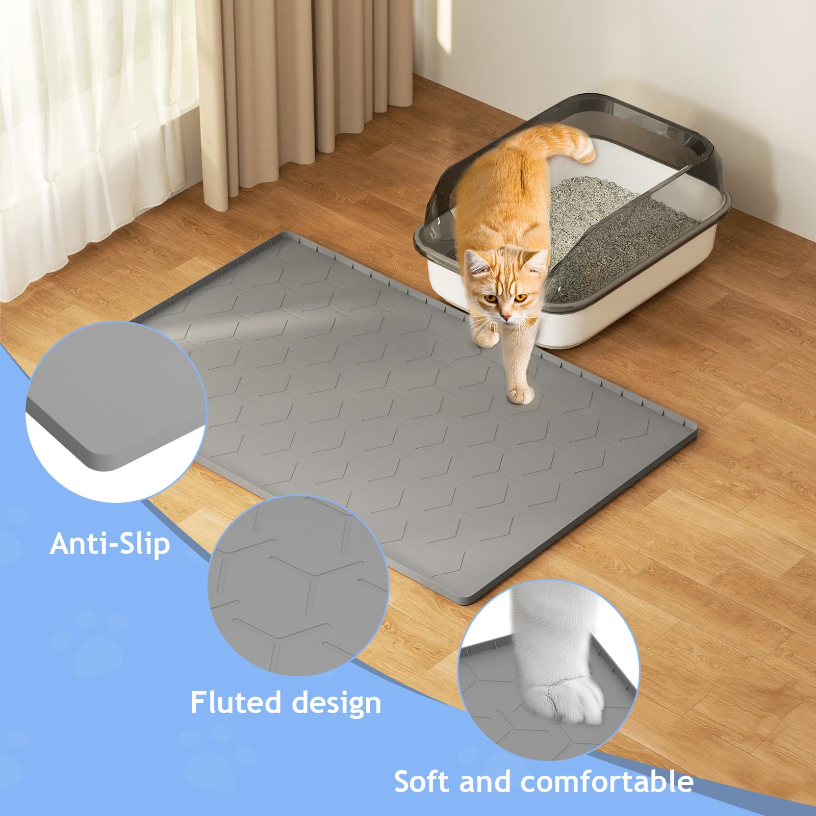 Large Silicone Cat Litter Mat: Easy To Clean Kitty Scratch Pad Soft And Waterproof Litter Box Trapping Mat (22'X34'- Grey)