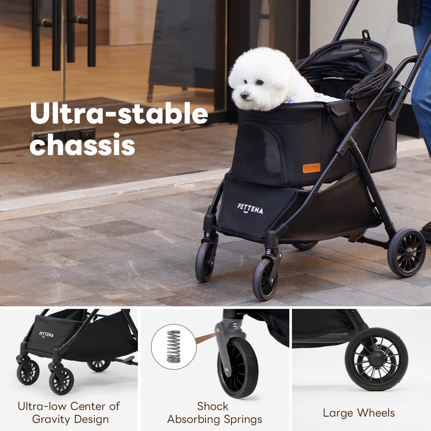 ?One-Pull Open Ver.? Pettena One-Touch Foldable Dog Stroller For Small Dogs Cats Up To 55 Lbs, Cat Stroller For 2 Cats, Large Sp