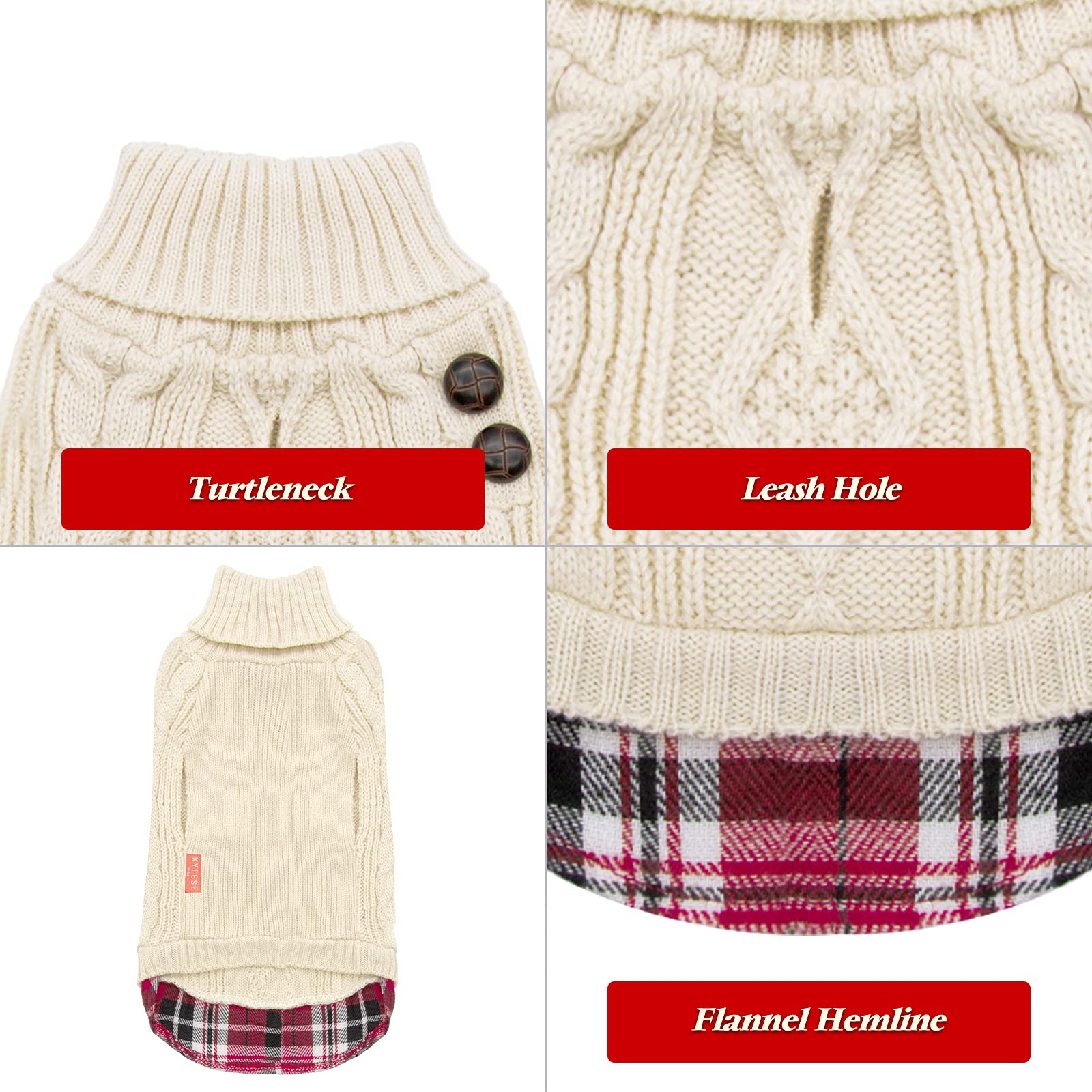 Kyeese Dog Sweater For Medium Dogs Beige With Leash Hole Dog Pullover Sweater Knitwear With Gingham Warm