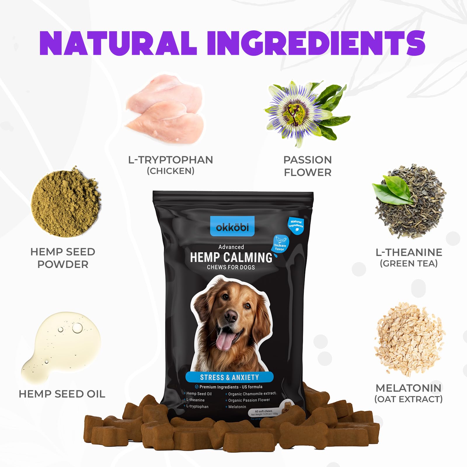 Hemp Calming Chews for Dogs Anxiety 60 pcs - Chicken Flavored - Dog Anxiety Relief - Dog Calming Chews - Melatonin for Dogs - fo