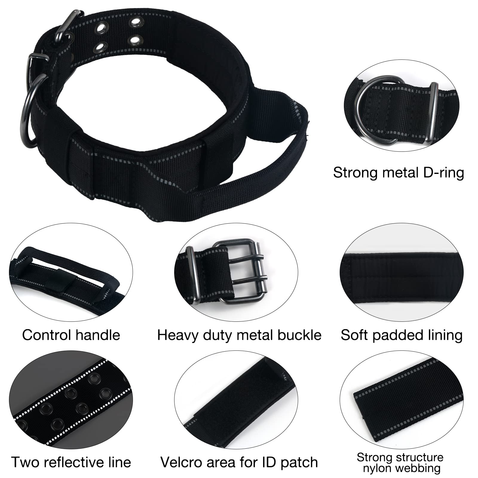 Yunleparks Reflective Dog Collar Heavy Duty Tactical With Control Handle And Metal Buckle For Dog Training(Large, Black)