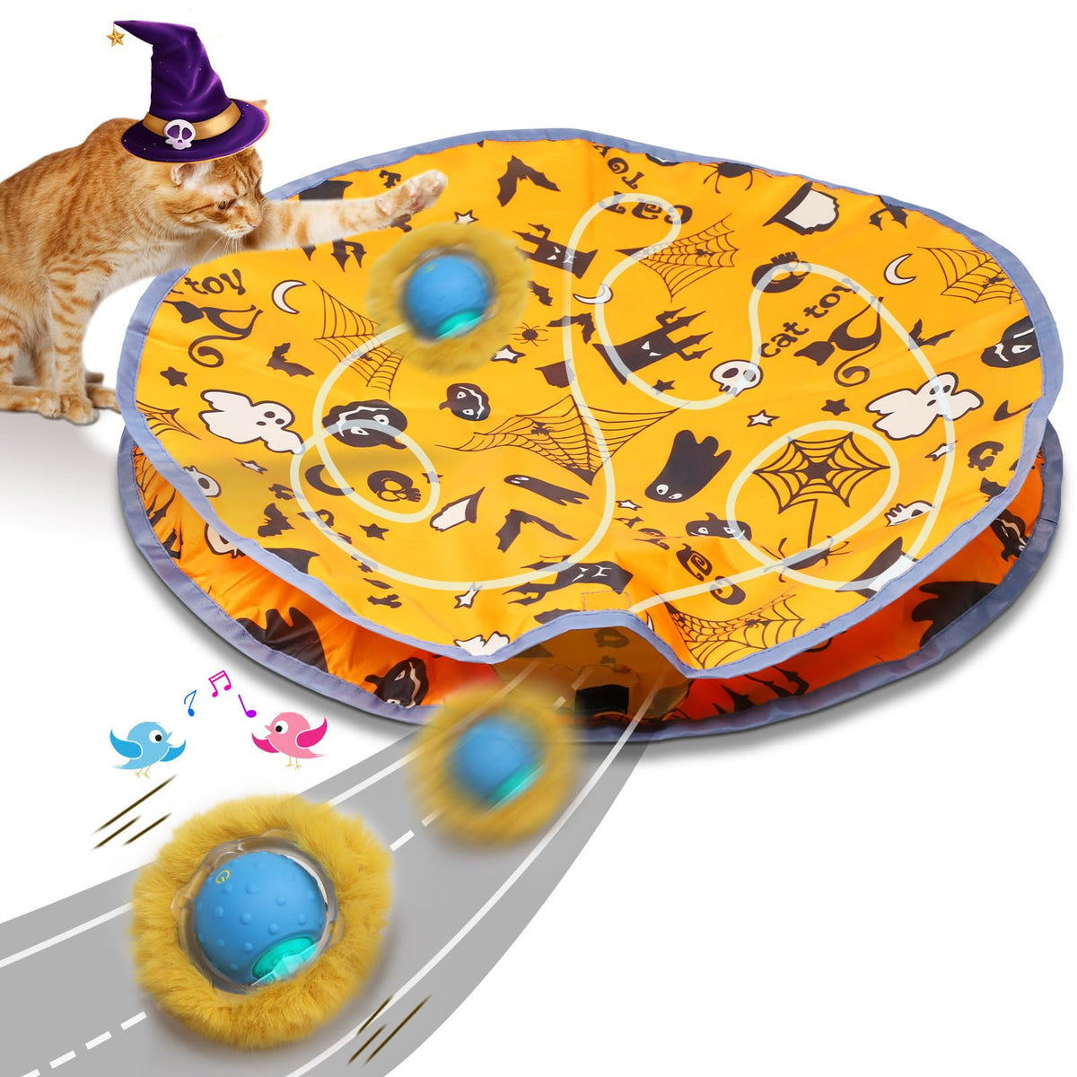 Giociv Interactive Cat Toys Ball Fast Rolling In Pouch, Motion Activate Chirping Cat Toy Hide And Seek Mouse Catching Game (Halloween Party)