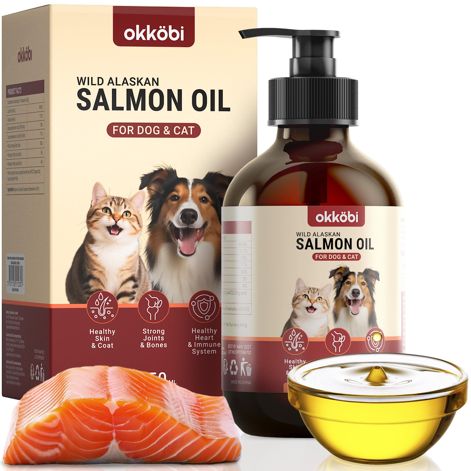 Wild Alaskan Salmon Oil for Dogs & Cats - Pure Fish Oil for Dogs with Omega 3, EPA & DHA Supplements for Skin & Coat, Heart & Im