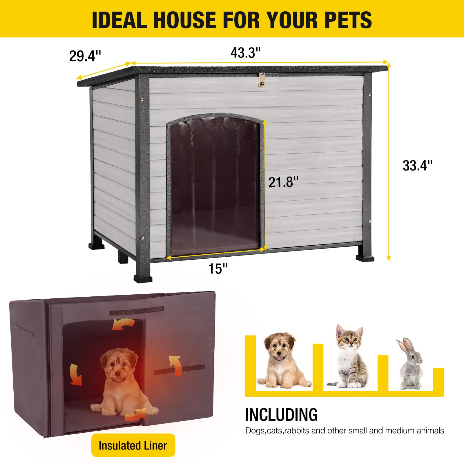 Aivituvin Dog House Outdoor With Insulated Liner, Weatherproof Dog House For Winter, Suitable For Small & Medium & Large Dogs Wi