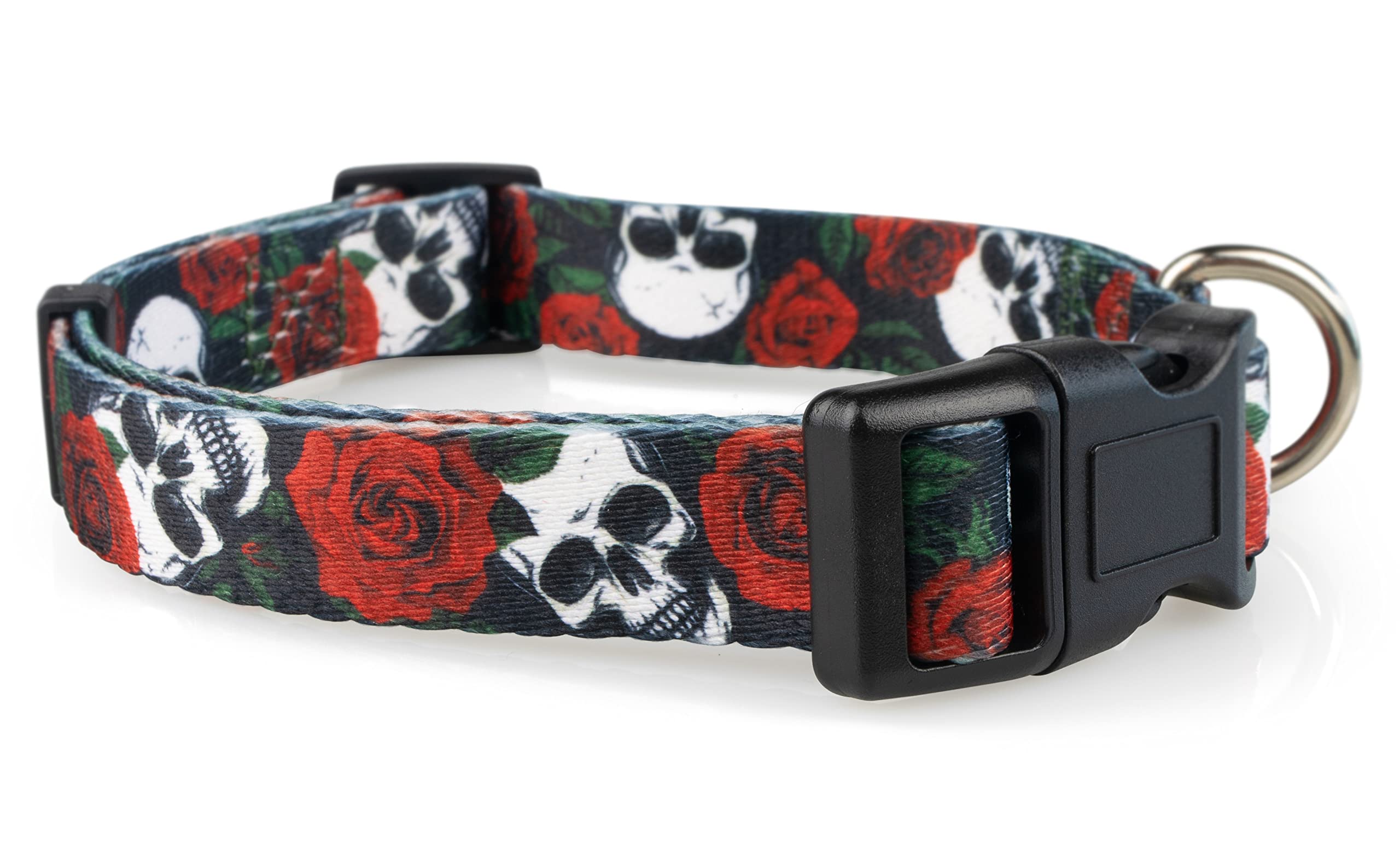 Limeloot Skulls and Roses Dog Collar for Small Dogs, Boy or Girl Dog Collar with Flowers and Skulls, Small
