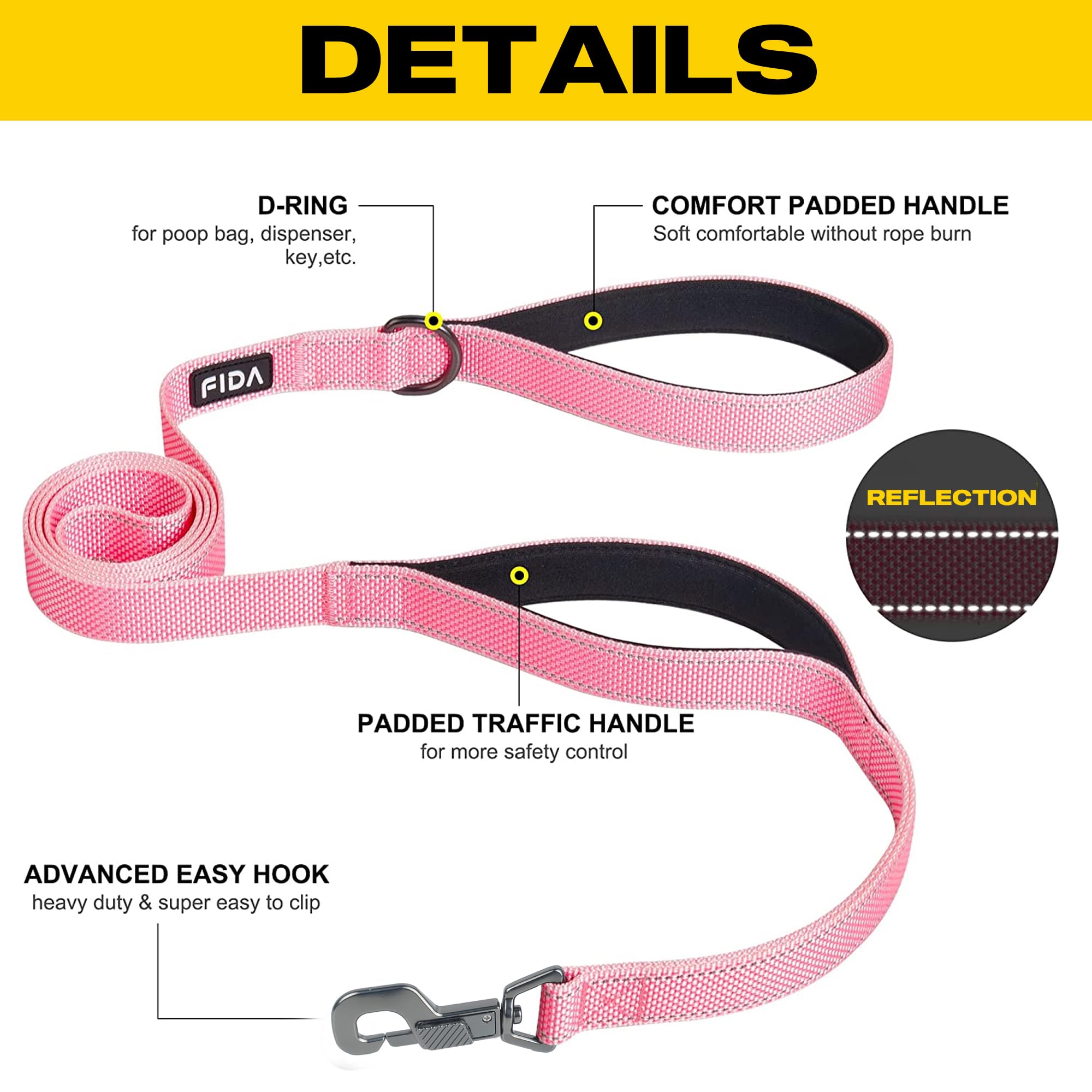 Fida 5 Ft Heavy Duty Dog Leash With 2 Comfortable Padded Handles, Traffic Handle & Advanced Easy Snap Hook, Reflective Walking Lead For Large, Medium & Small Breed Dogs, Pink