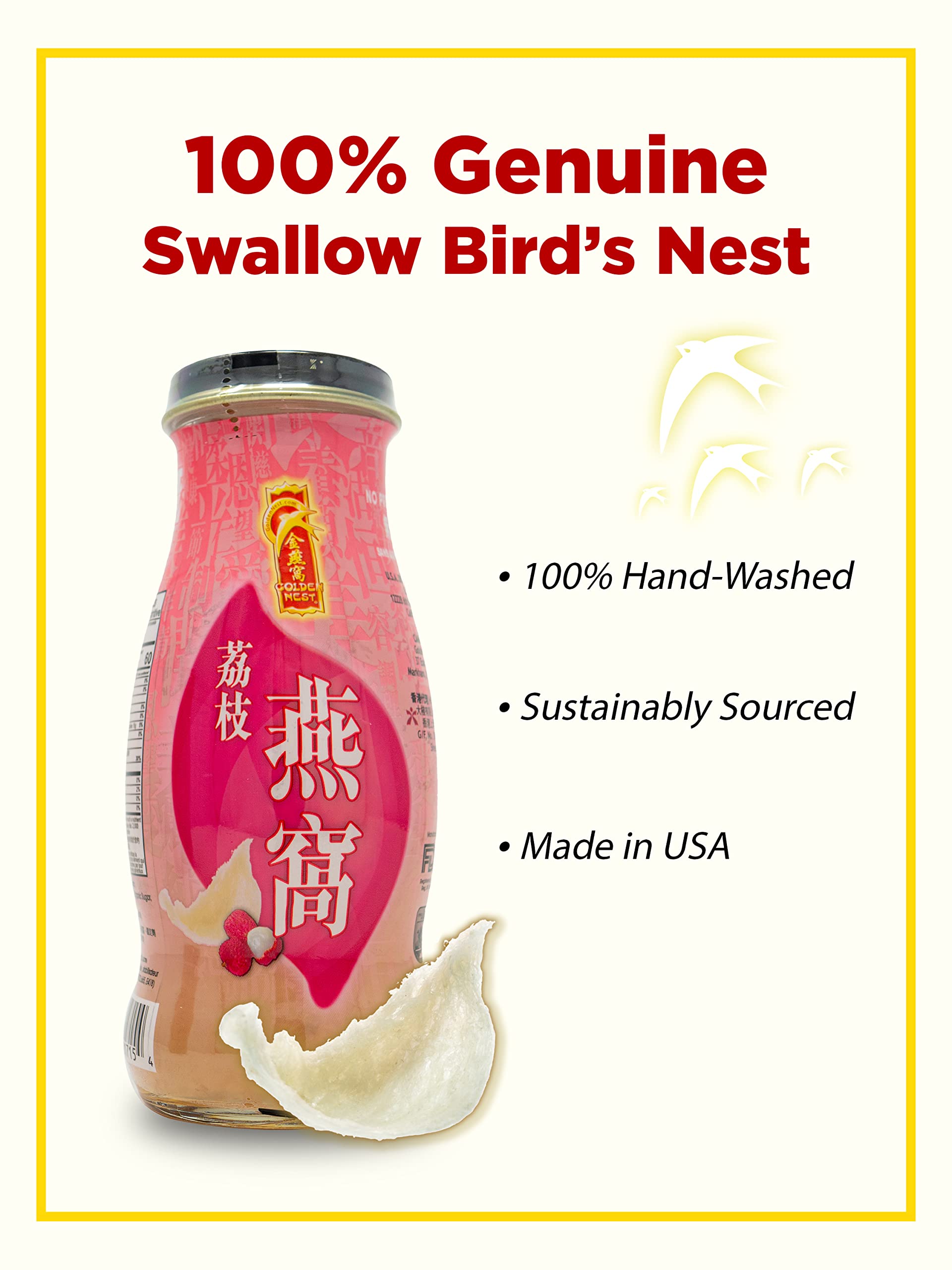 Golden Nest Premium Bird Nest Drink, Swallow Bird Nest 100% Natural - Made in USA, (??) 12 bottles x 240 ml (8oz) (Lychee)