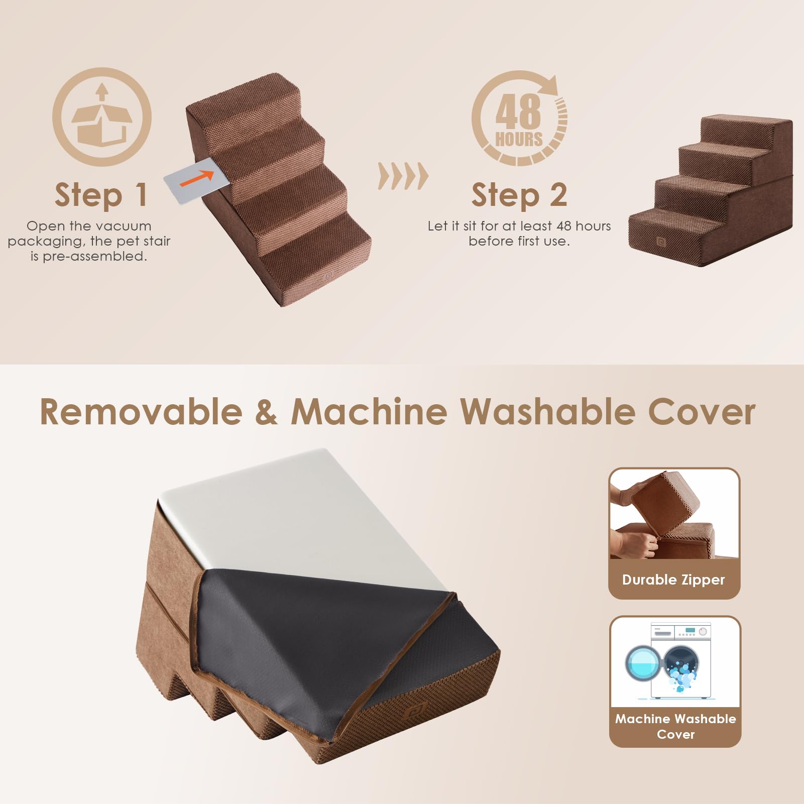 Eheyciga Dog Stairs For Bed 18”H, 4-Step Dog Steps For High Bed, Pet Steps For Small Dogs And Cats, Non-Slip Balanced Dog Indoor Ramp, Brown