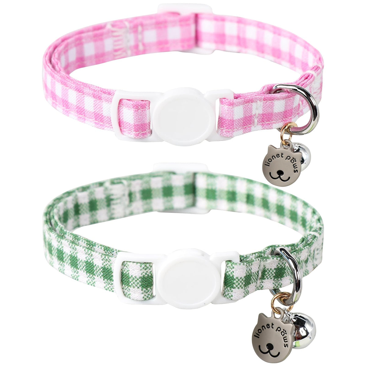 Lionet Paws 2Pcs Pack Cotton Cat Collar,Breakaway Buckle With Green Pink Grid And Brand Pendant Cute Adjustable Cat Kitten Colla