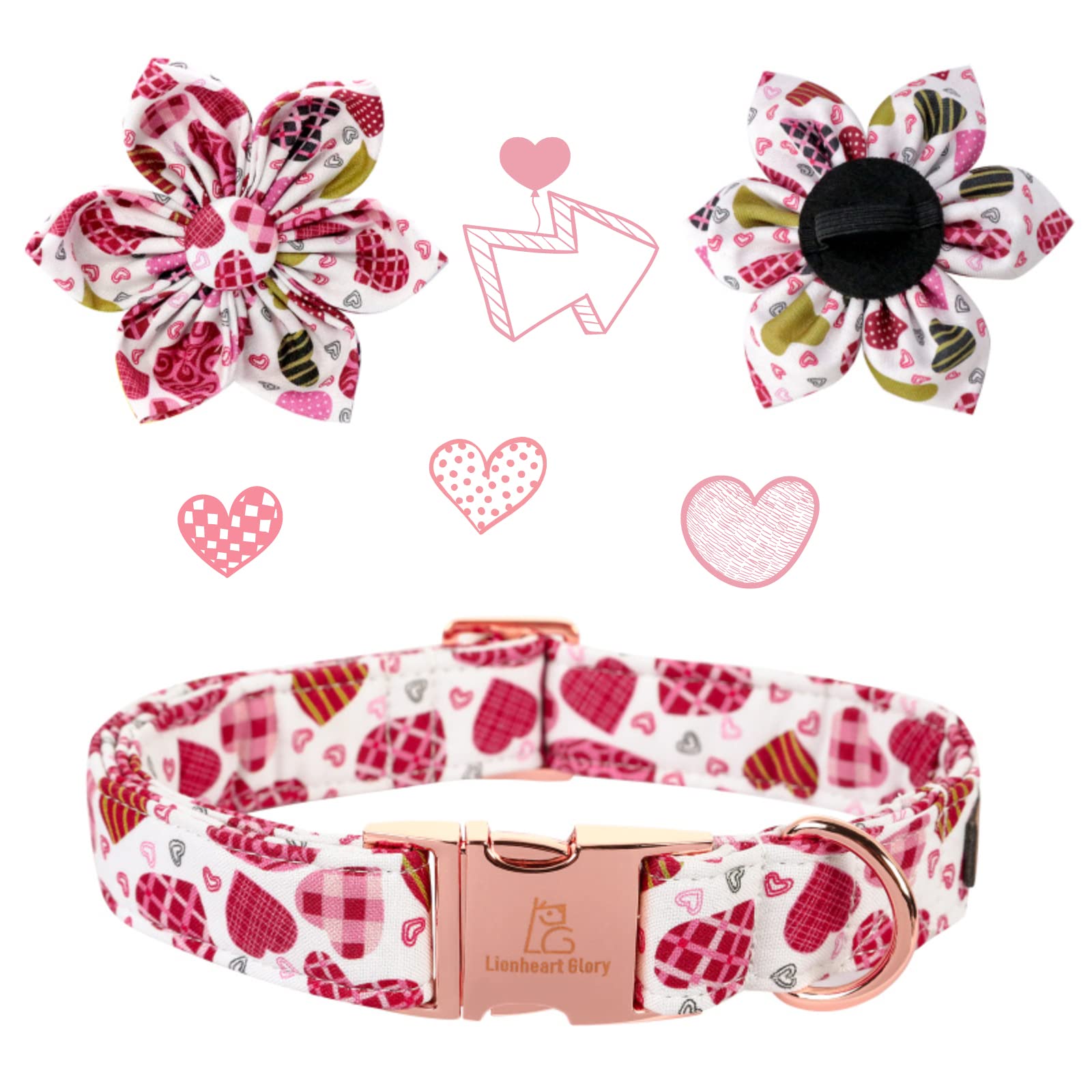 Lionheart Glory Hearts Dog Collar, Valentine'S Day Pet Collars With Flower, Cute Floral Pattern Pet Adjustable Collar For Large