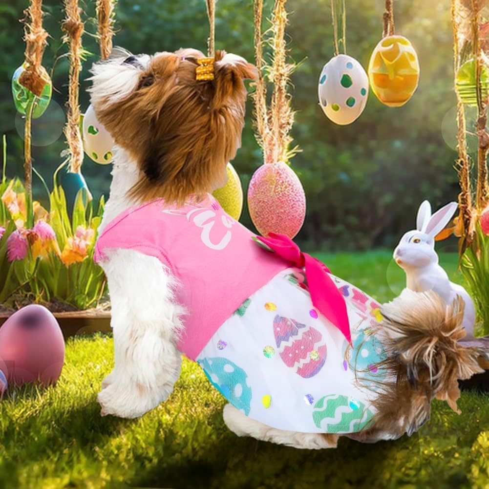 Baobicute Cute Happy Easter Day Dog Dress Bunny Eggs Easter Dog Cat Clothes Pink Tulle Pet Doggie Apparel Outfit With Bowknot Fo