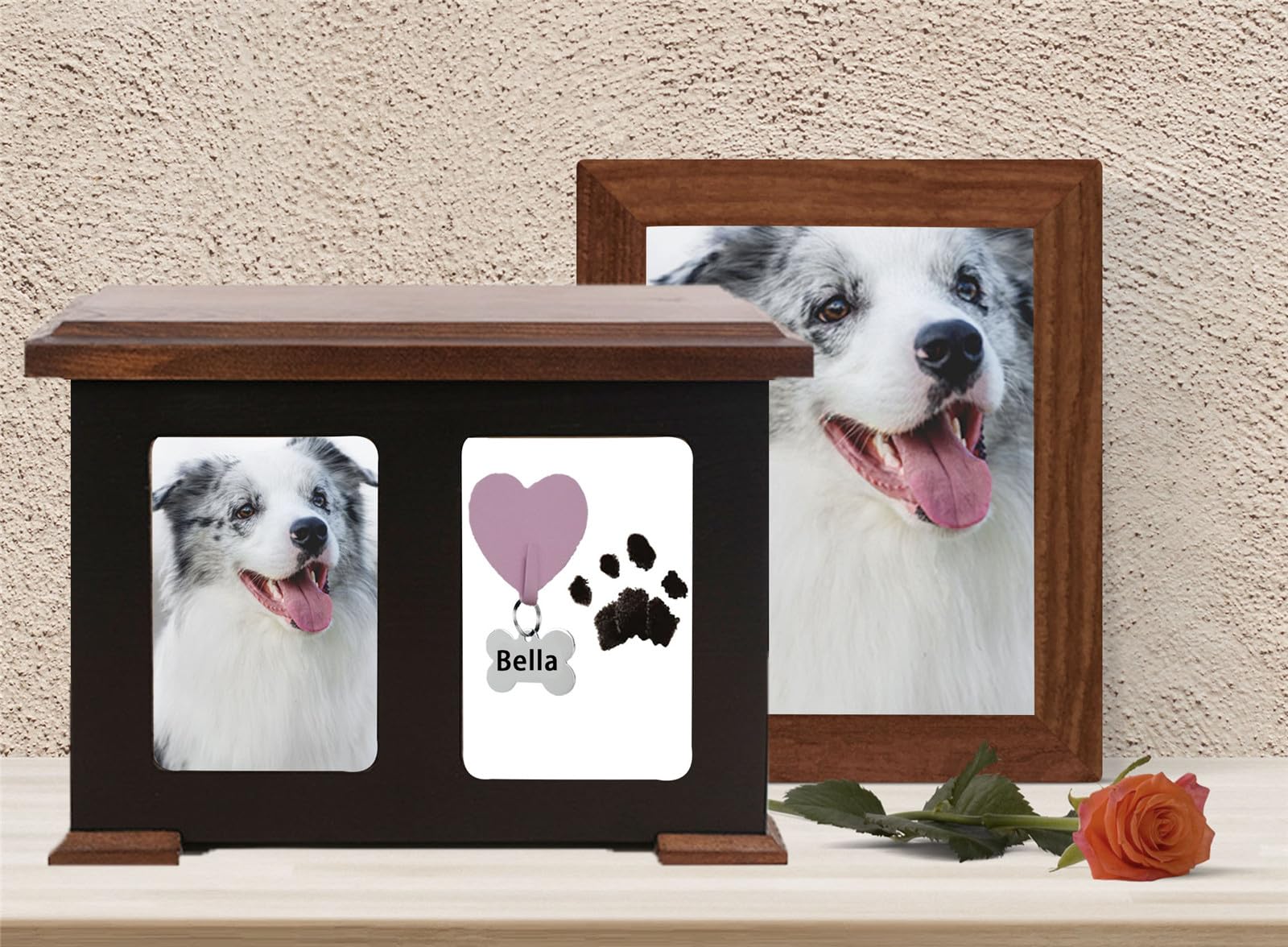 Pet Urns For Dogs Ashes, Cat Urns For Ashes, Wooden Dog Urn, Pet Memory Box For Keepsakes Large With Paw Print Kit, Album