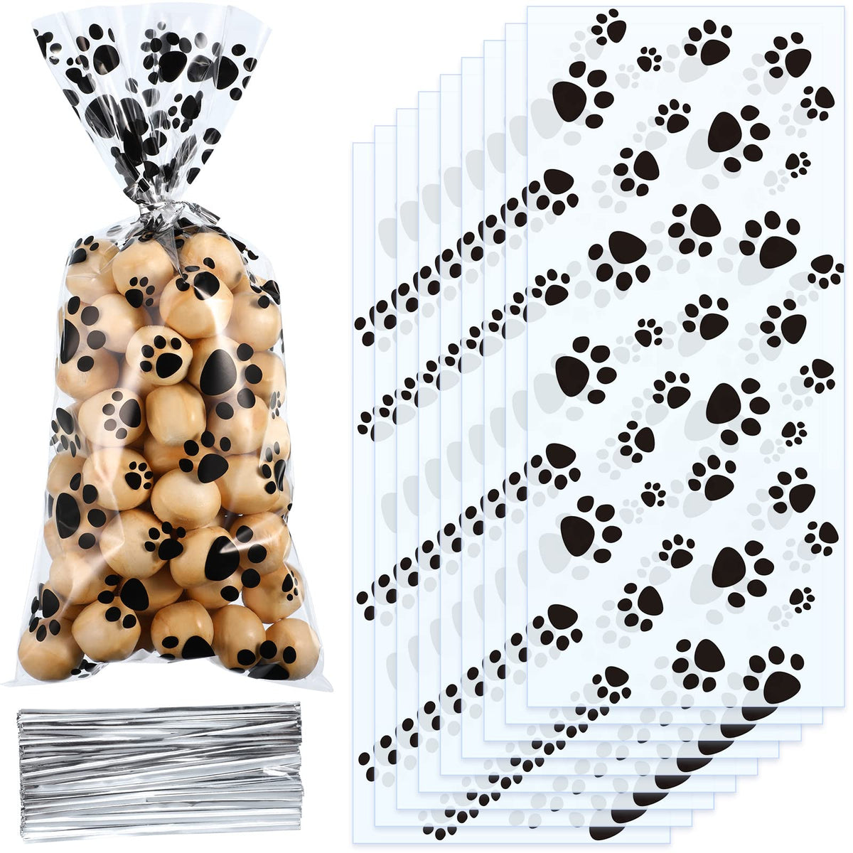 100 Pieces Paw Print Cone Cellophane Bags Heat Sealable Dog Gift Cat Candy Bags With 100 Pieces Silver Twist Ties For Pet Treat 
