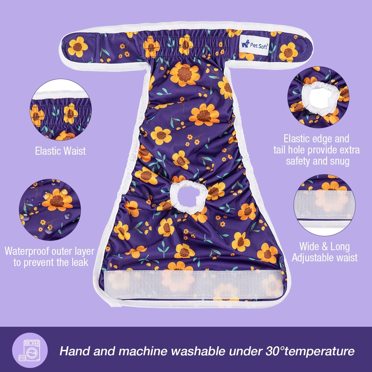 Pet Soft Washable Female Dog Diapers (3 Pack) - Reusable XS Doggy Diapers in Cute Flower for Period Heat