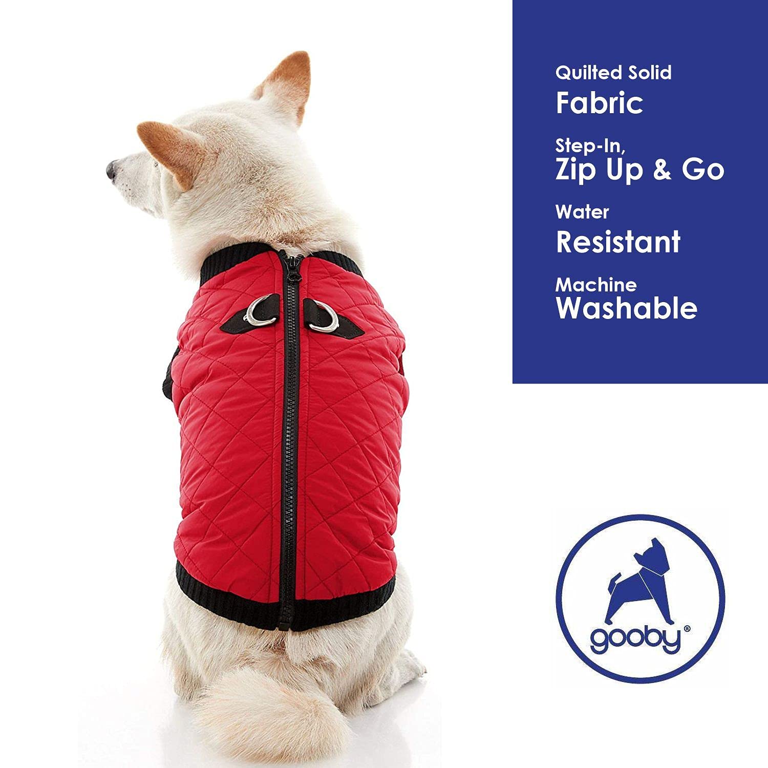 Gooby Fashion Vest Dog Jacket - Red, Large - Warm Zip Up Dog Bomber Vest with Dual D Ring Leash - Winter Water Resistant Small D