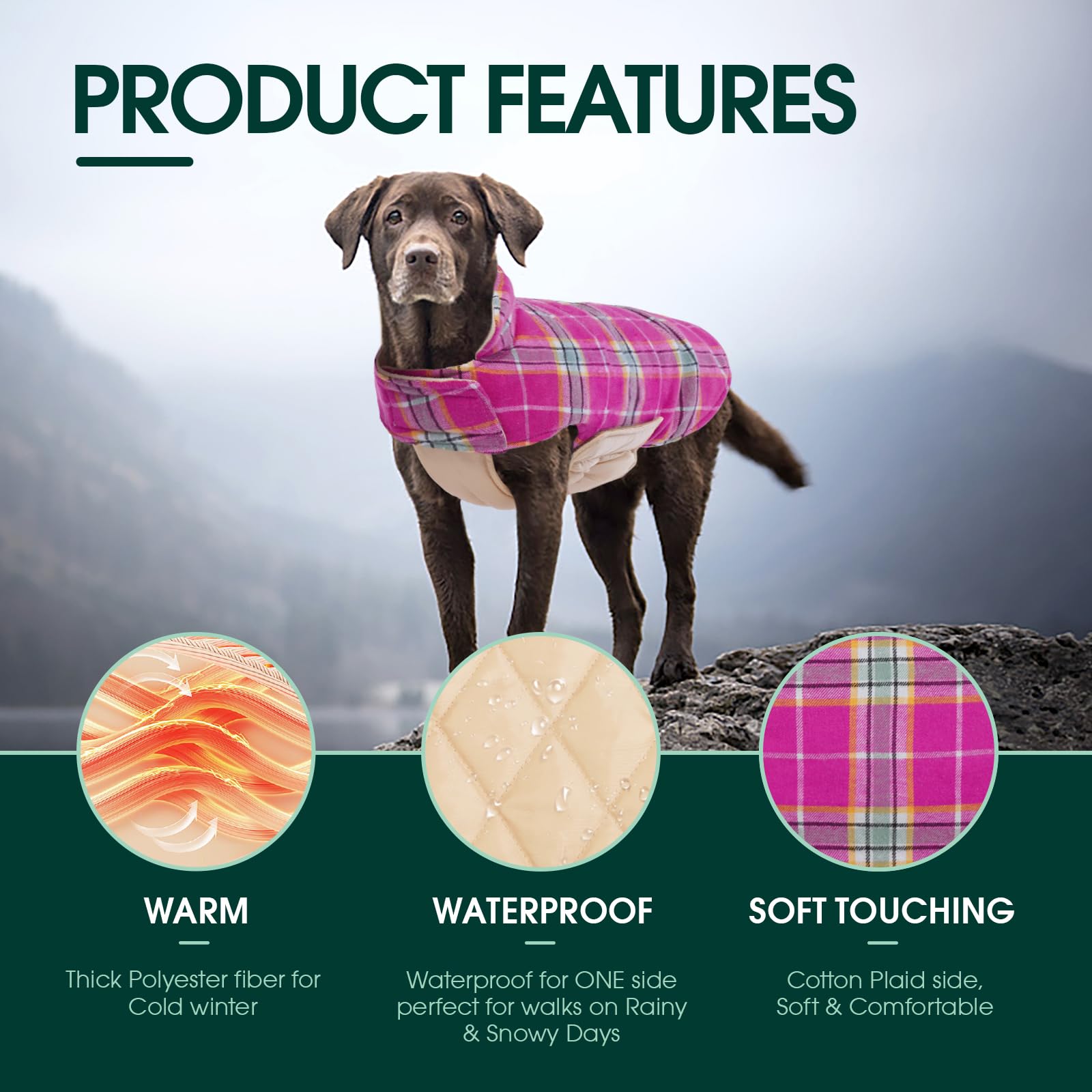 Kuoser Warm Dog Coat, Reversible Dog Jacket Waterproof Dog Winter Coat British Style Plaid Dog Clothes Pet Dog Cold Weather Coats Cozy Snow Jacket Vest For Small Medium Large Dogs Christmas Rose L