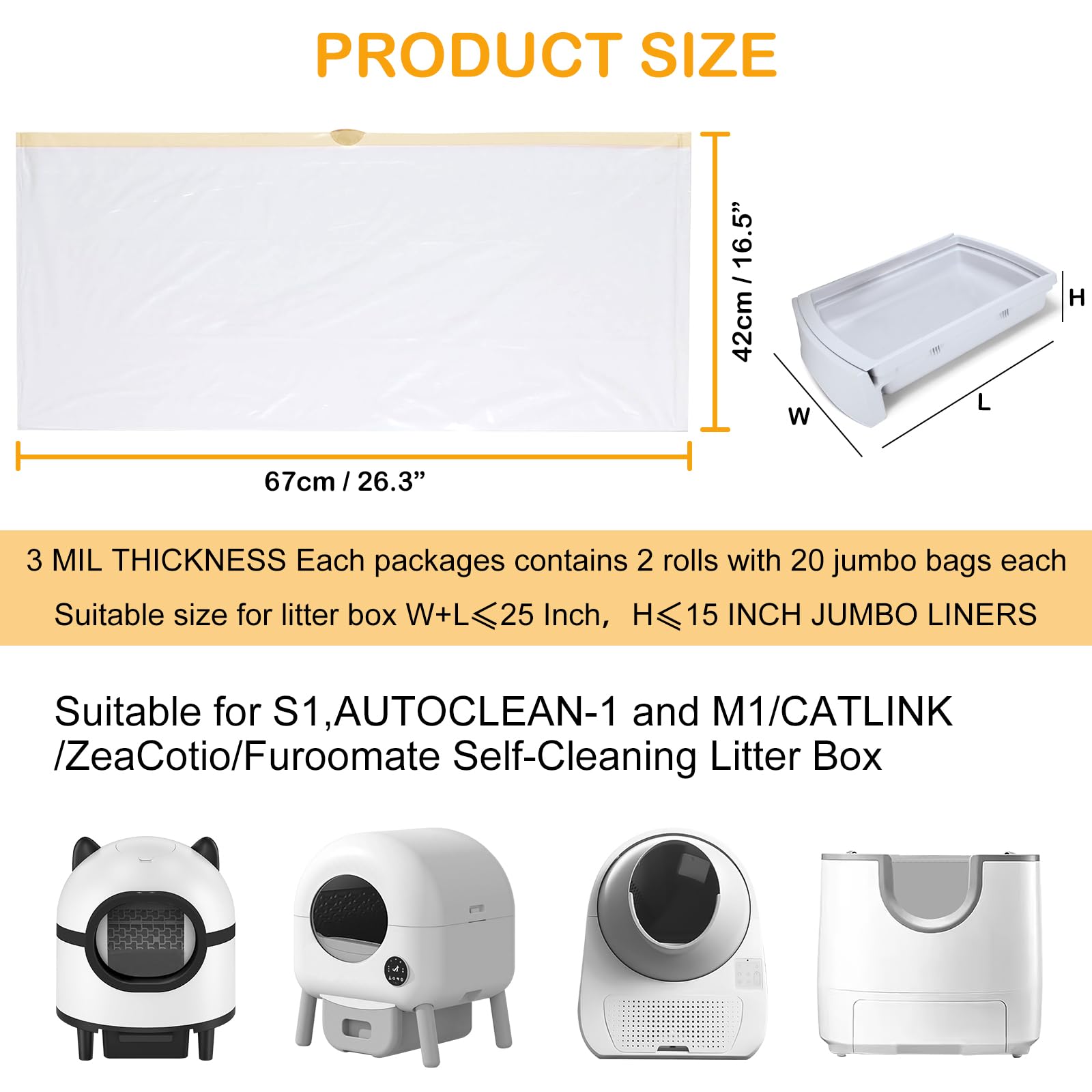 Elegx 80 Count Litter Box Liners, 3Mil Extra Thick Heavy Duty, Automatic Self Cleaning Litter Robot Cat Waste Bag, 26.6'' X 16.7