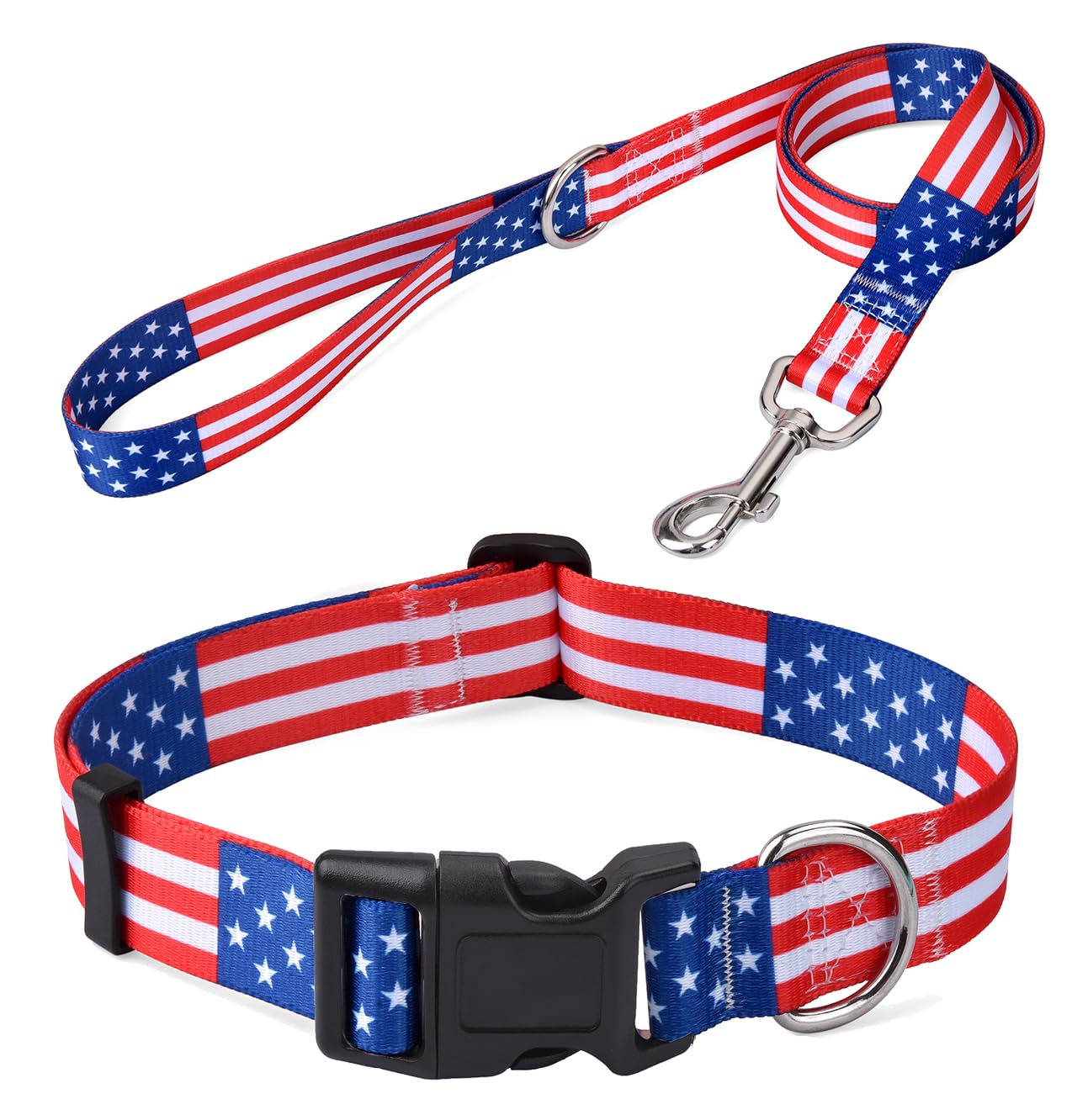 Mihqy American Flag Dog Collar And Leash Set- Patriotic, Us Flag Pattern, Star & Stripes, Fourth Of July Dog Collar, Adjustable For Small Medium Large Dogs(Classic Us Set,L)